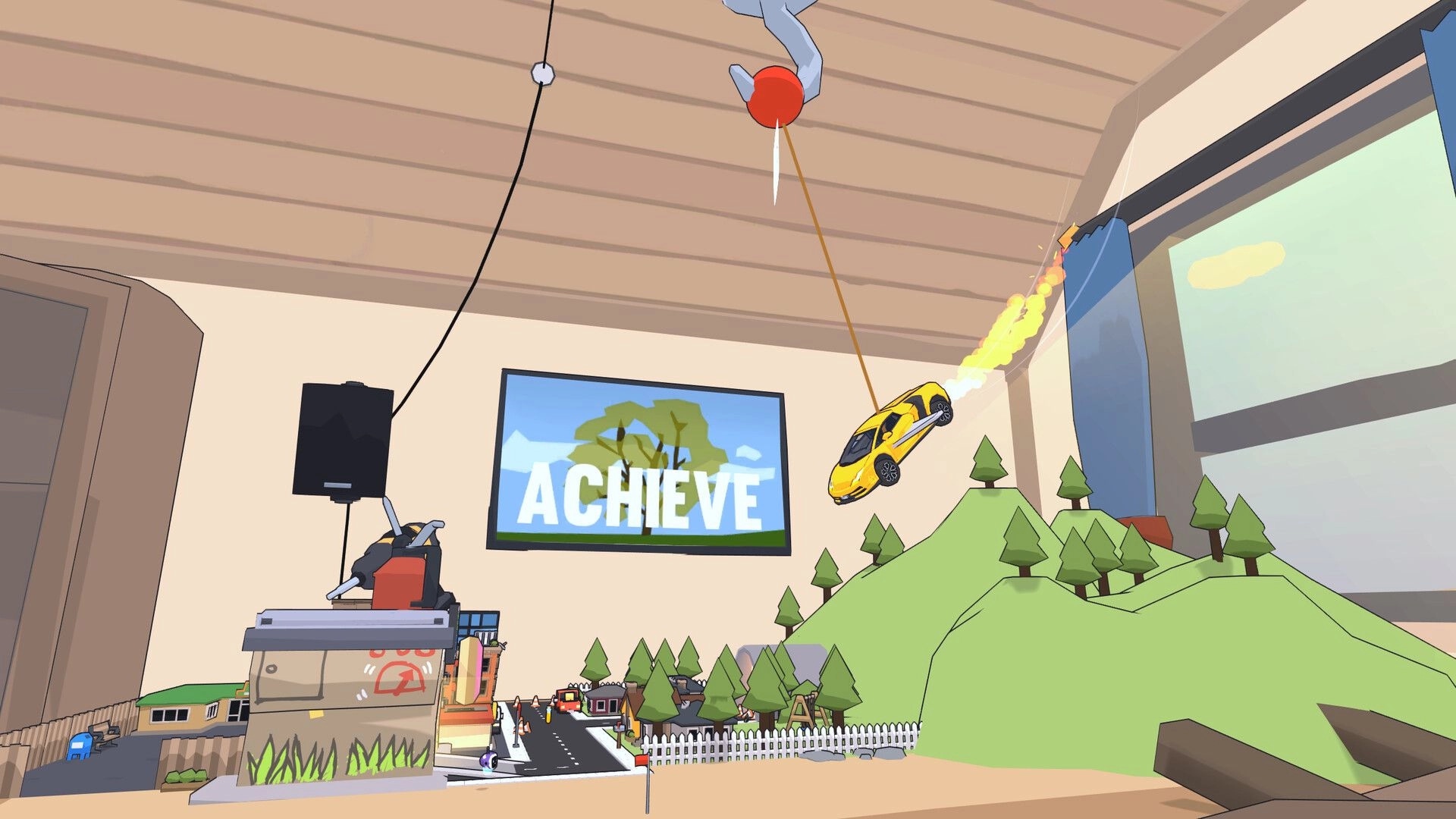 Pocket Wheels: Yellow toy car jumps over miniature town and hills in a room with Achieve poster.