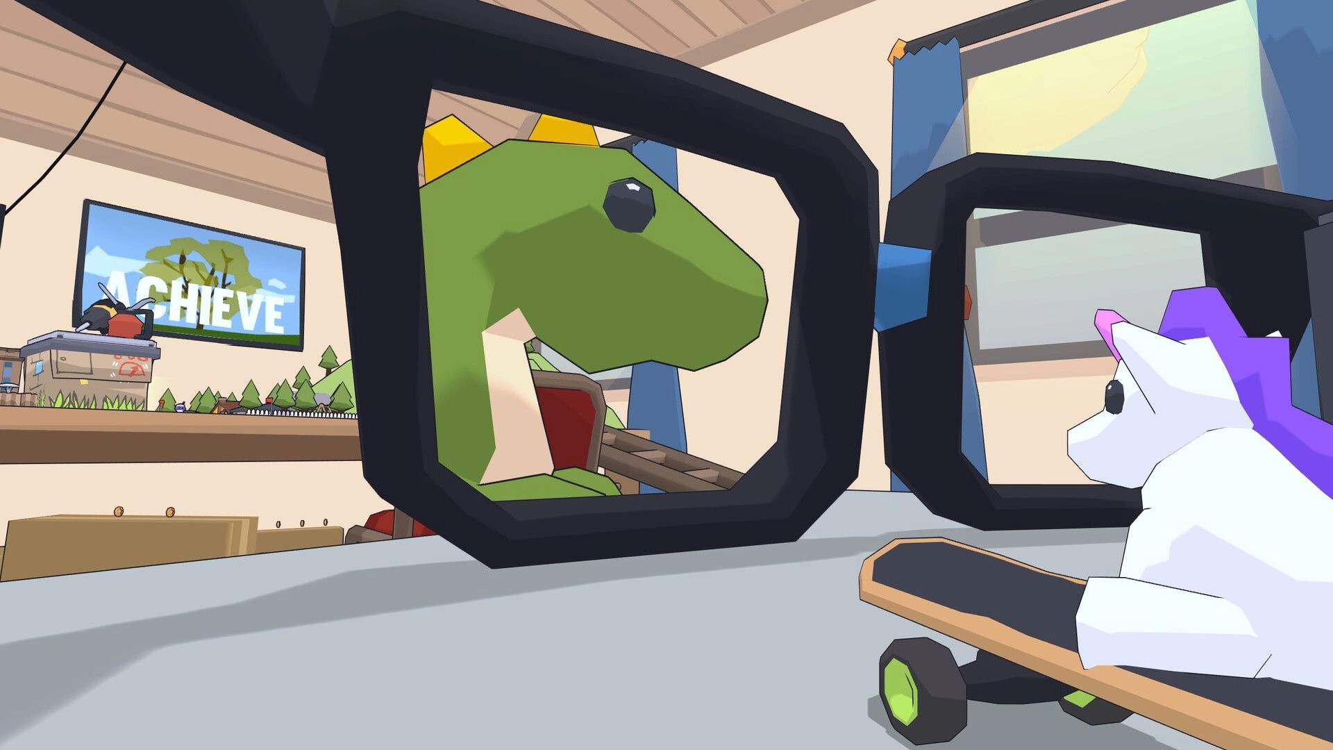 Pocket Wheels: Unicorn in toy car faces dinosaur in room with "ACHIEVE" poster and model landscape.