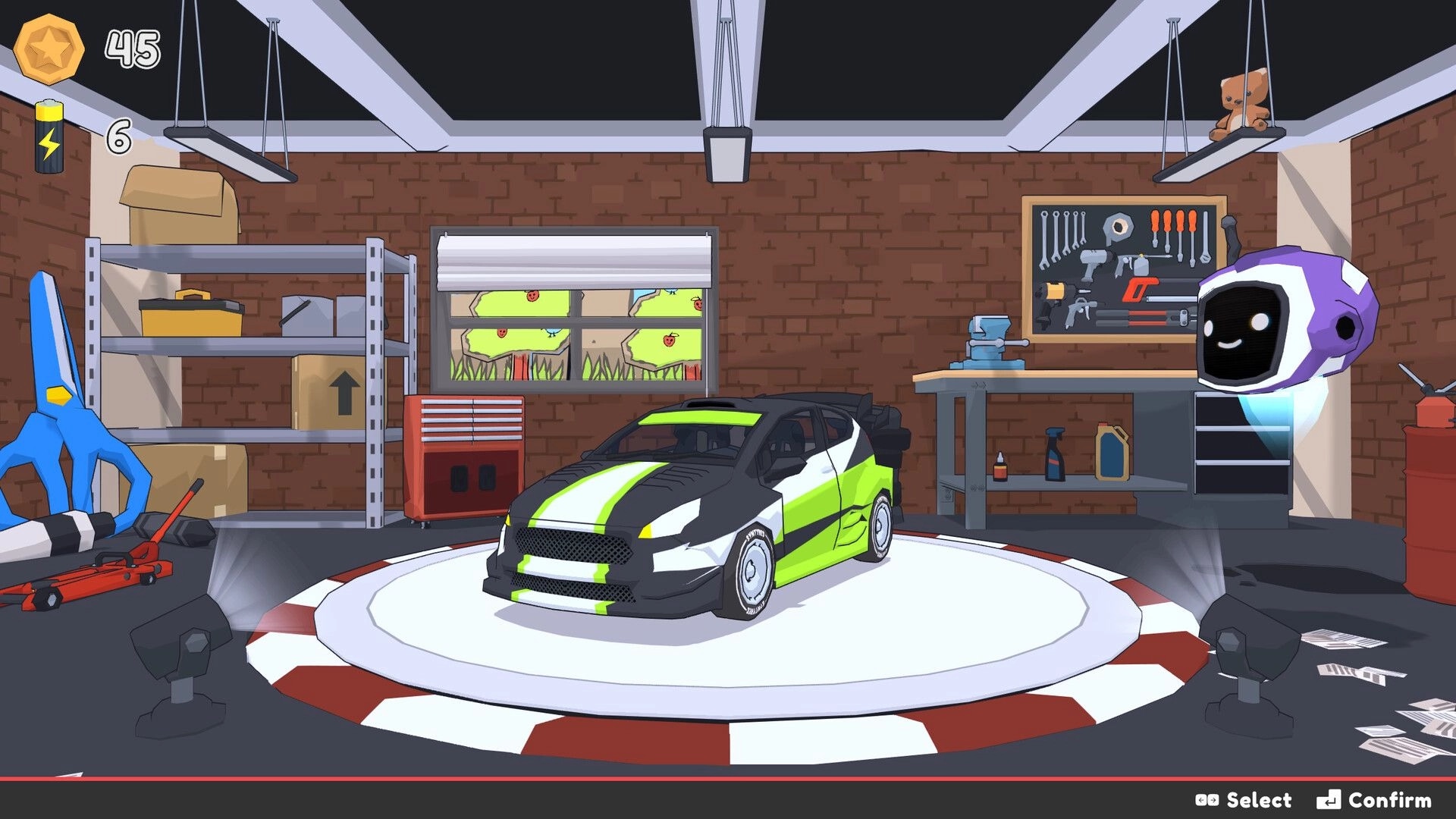 Pocket Wheels: Green toy car on rotating platform in a garage with tools and shelves visible