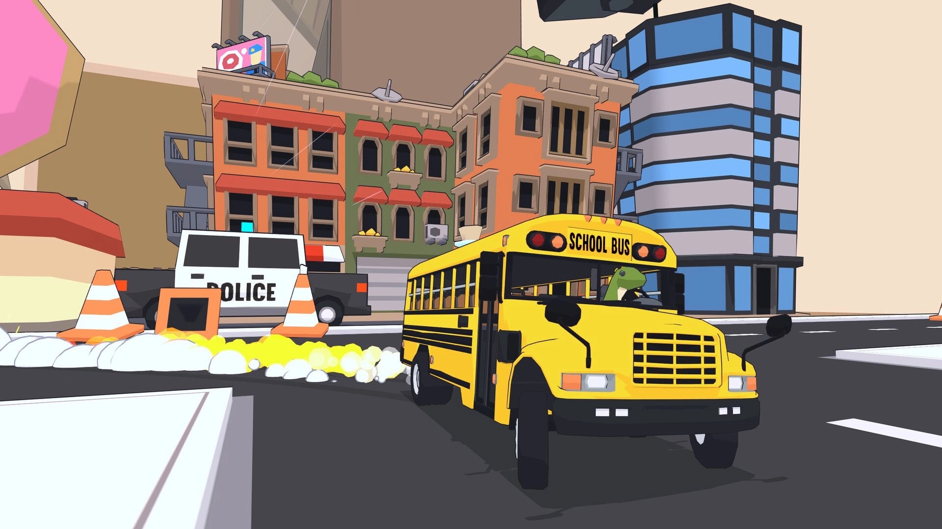 Pocket Wheels: Toy school bus driven by dinosaur passes police car in colorful city street setting