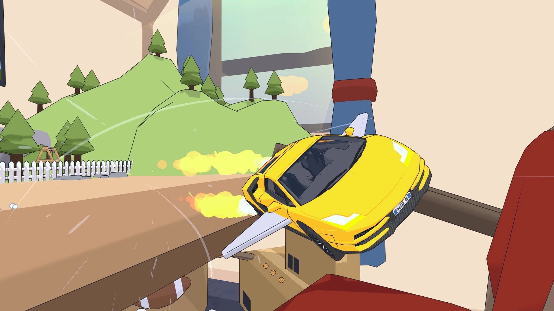 Pocket Wheels: Yellow toy car with wings flying over a wooden track in a room with model trees