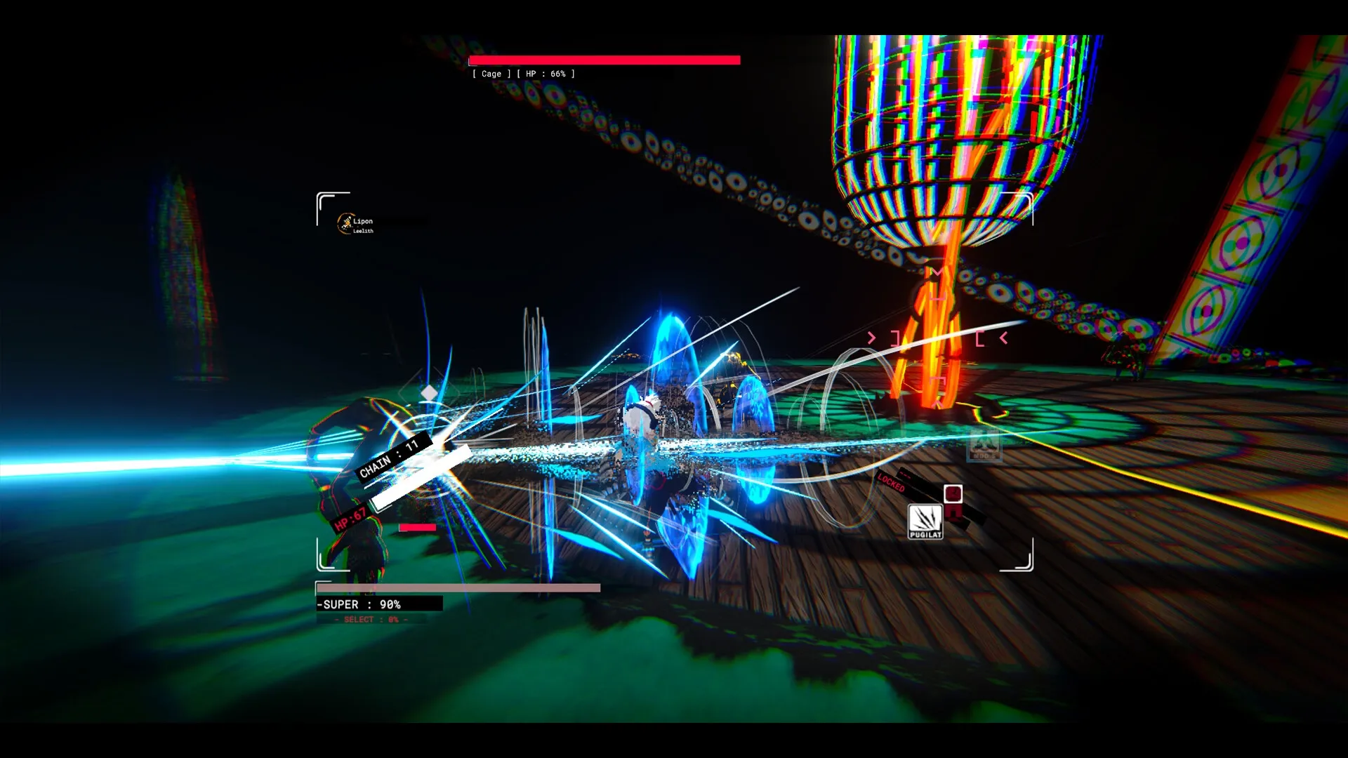 POEM EX MACHINA: Combat scene with character attacking using energy beam in futuristic arena setting