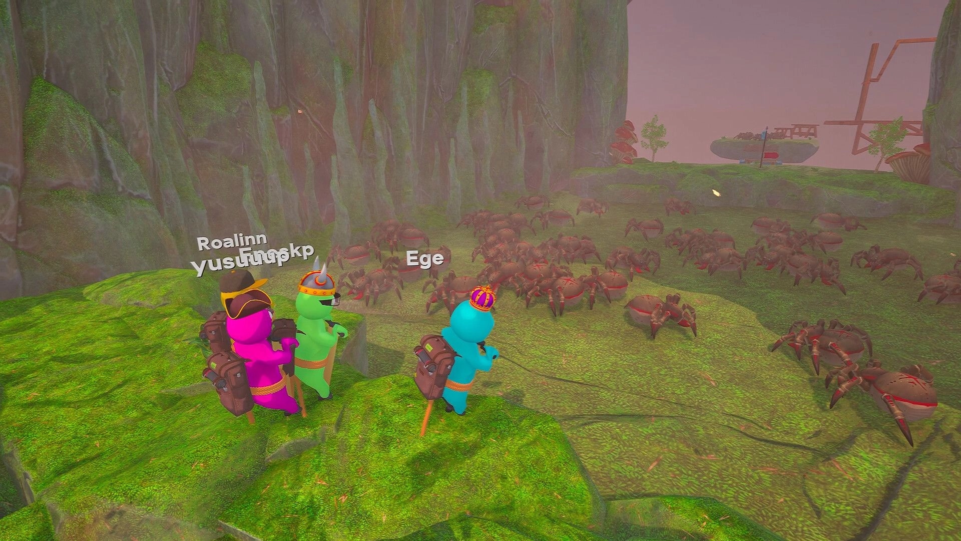 Pogo With Friends: Three pogo players face a swarm of crabs on mossy cliff path at dusk.