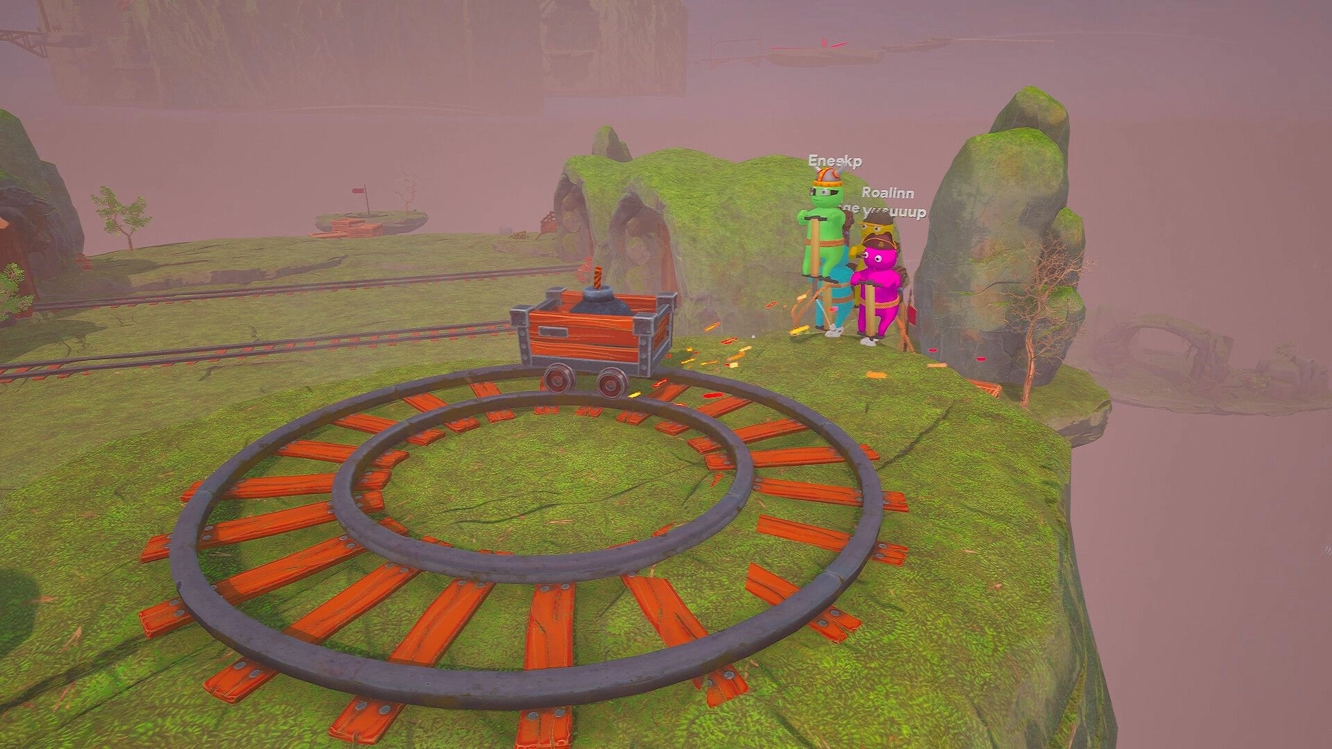 Pogo With Friends: Three players on pogo sticks by a minecart loop track on a misty cliffside.