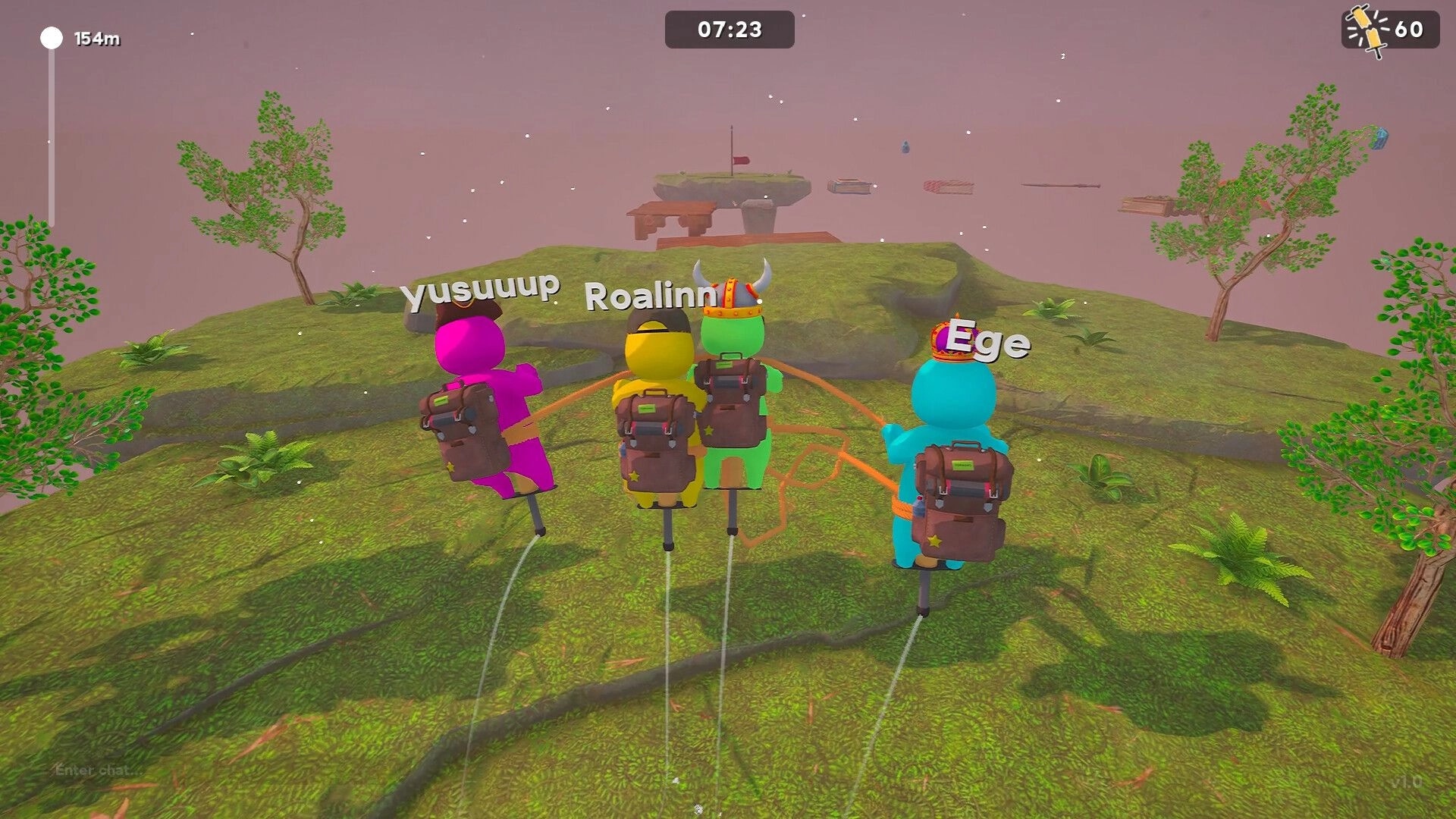 Pogo With Friends: Four players on pogo sticks atop grassy hill aiming for distant floating platforms.