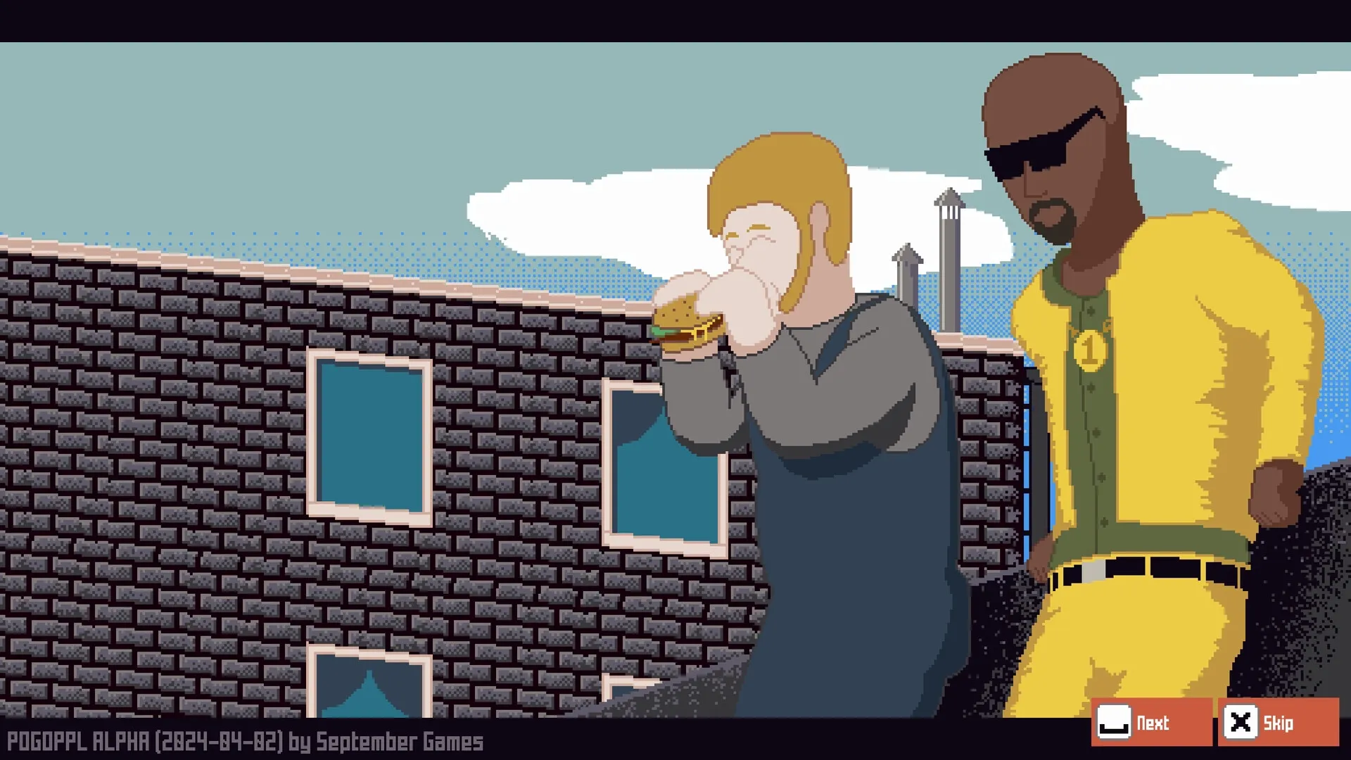 POGOPPL: Two characters on a brick rooftop, one eating a burger, with next and skip buttons visible.