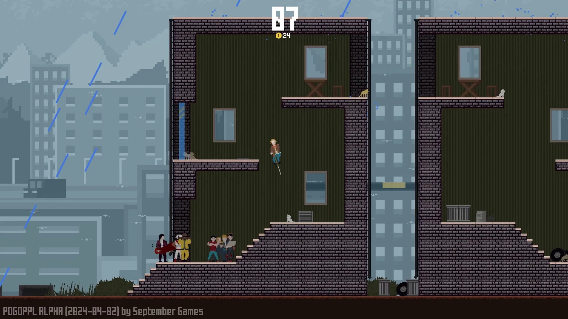 POGOPPL: Character bouncing on a pogo stick inside a brick building with rainy cityscape background.