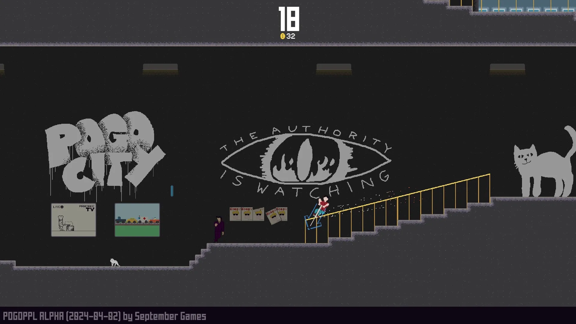 POGOPPL: Character pogoing down a staircase in dark urban environment with graffiti and posters