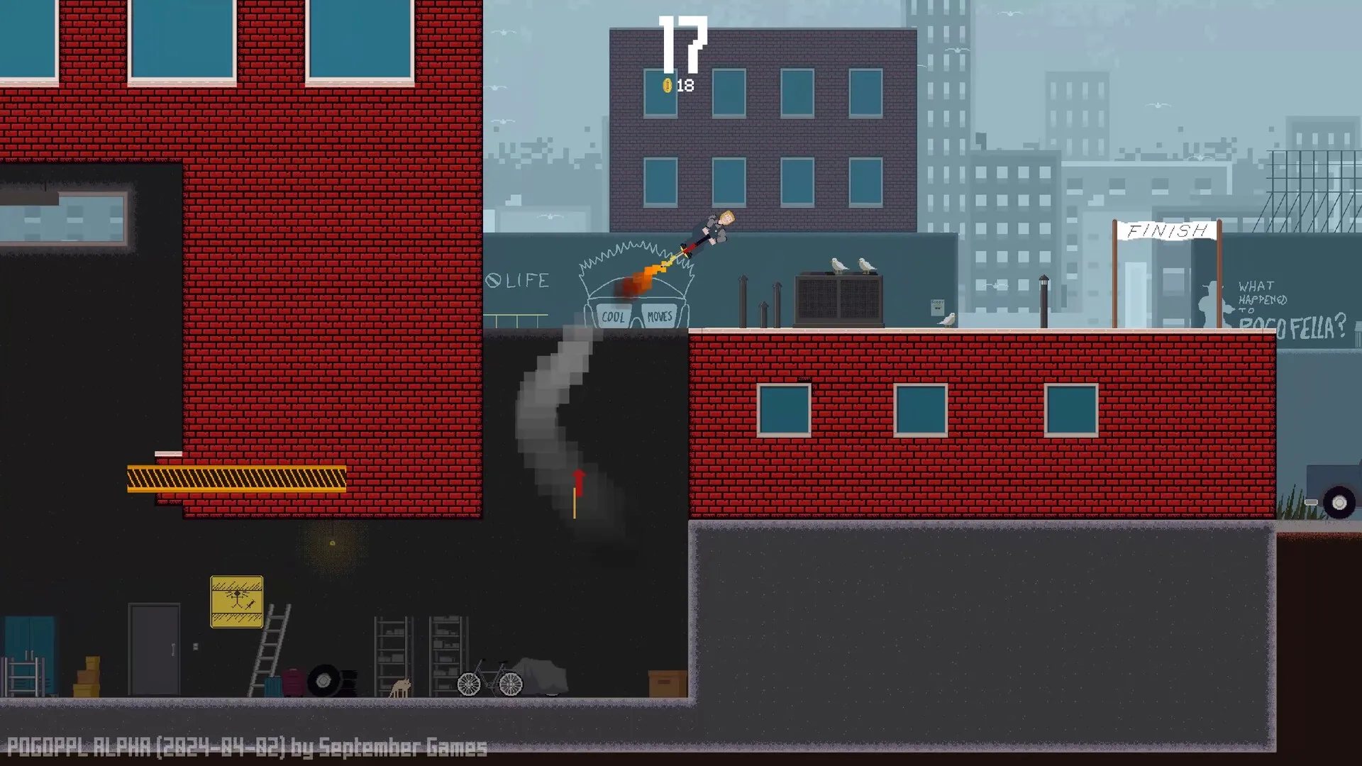 POGOPPL: Character on pogo stick mid-jump between red brick buildings in urban Pogo City environment