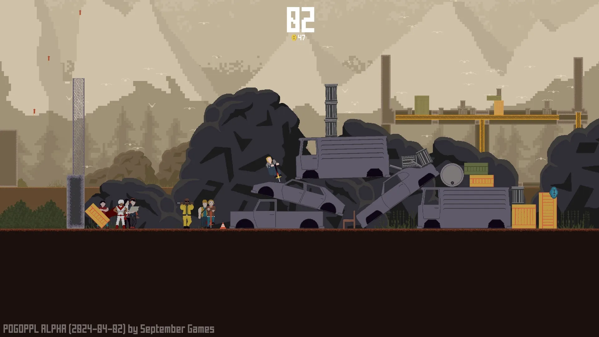 POGOPPL: Player bouncing on scrap vehicles in an industrial junkyard with characters in background