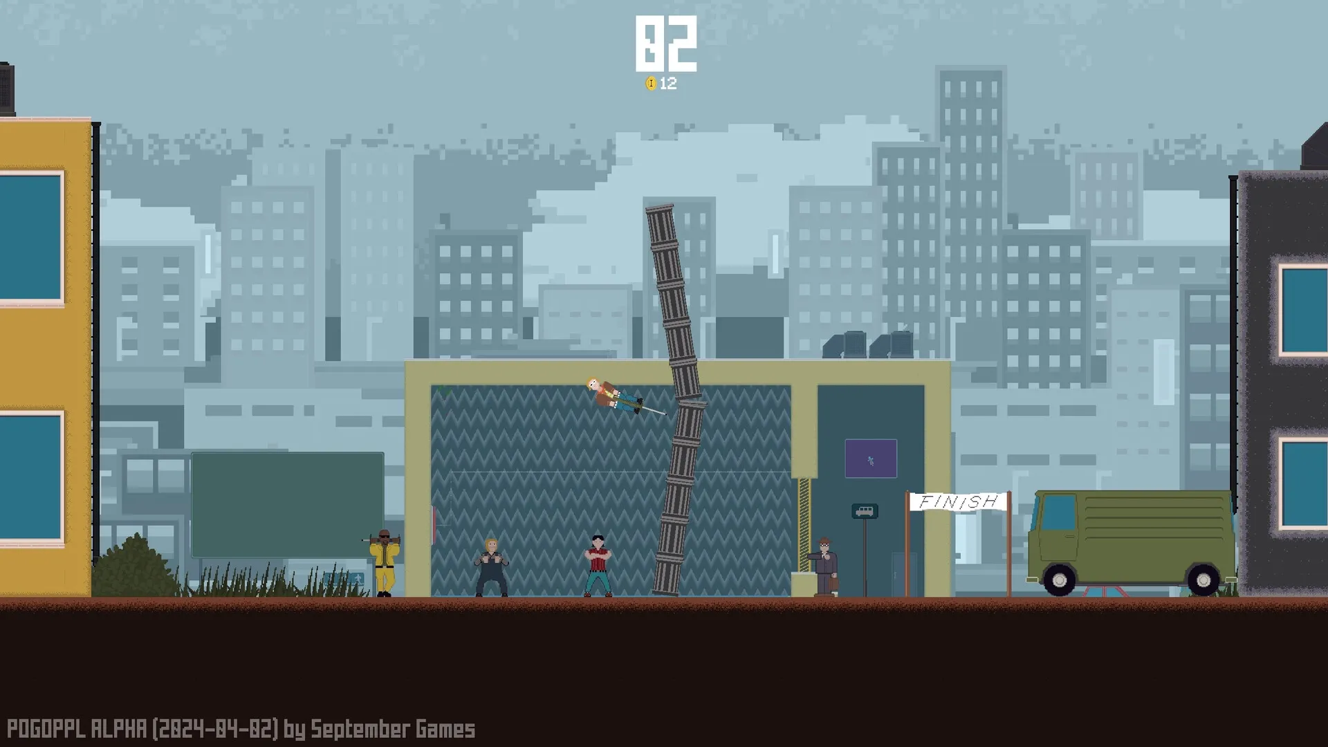 POGOPPL: Character bouncing on pogo stick near stacked crates in Pogo City with score and coin UI visible.