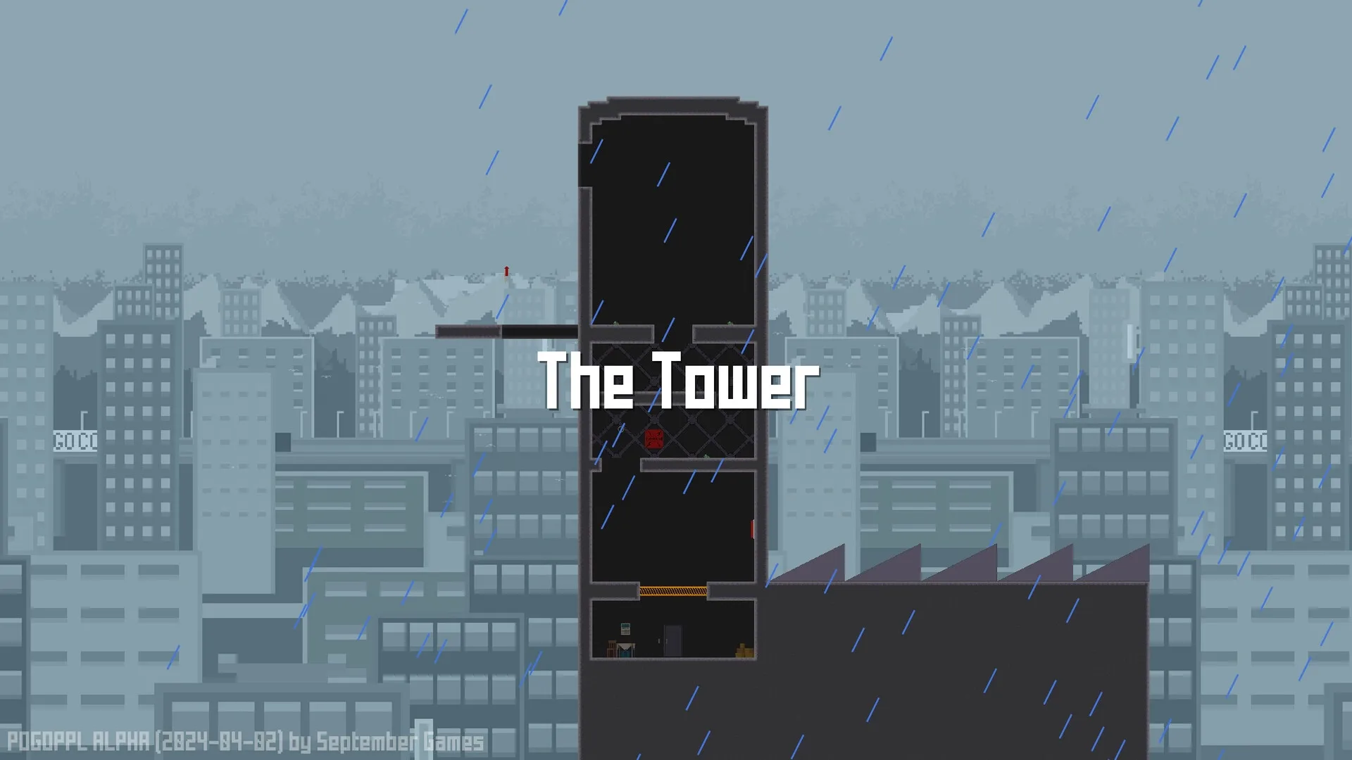 POGOPPL: Character on rooftop in rainy cityscape with central black tower labeled "The Tower"
