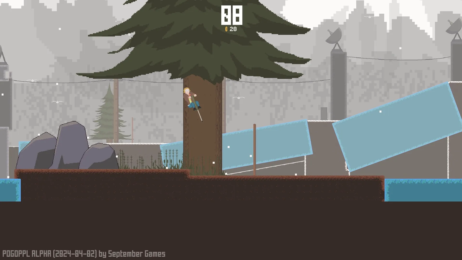POGOPPL: Character pogoing up a tree in snowy Pogo City with score and coin count displayed at top.