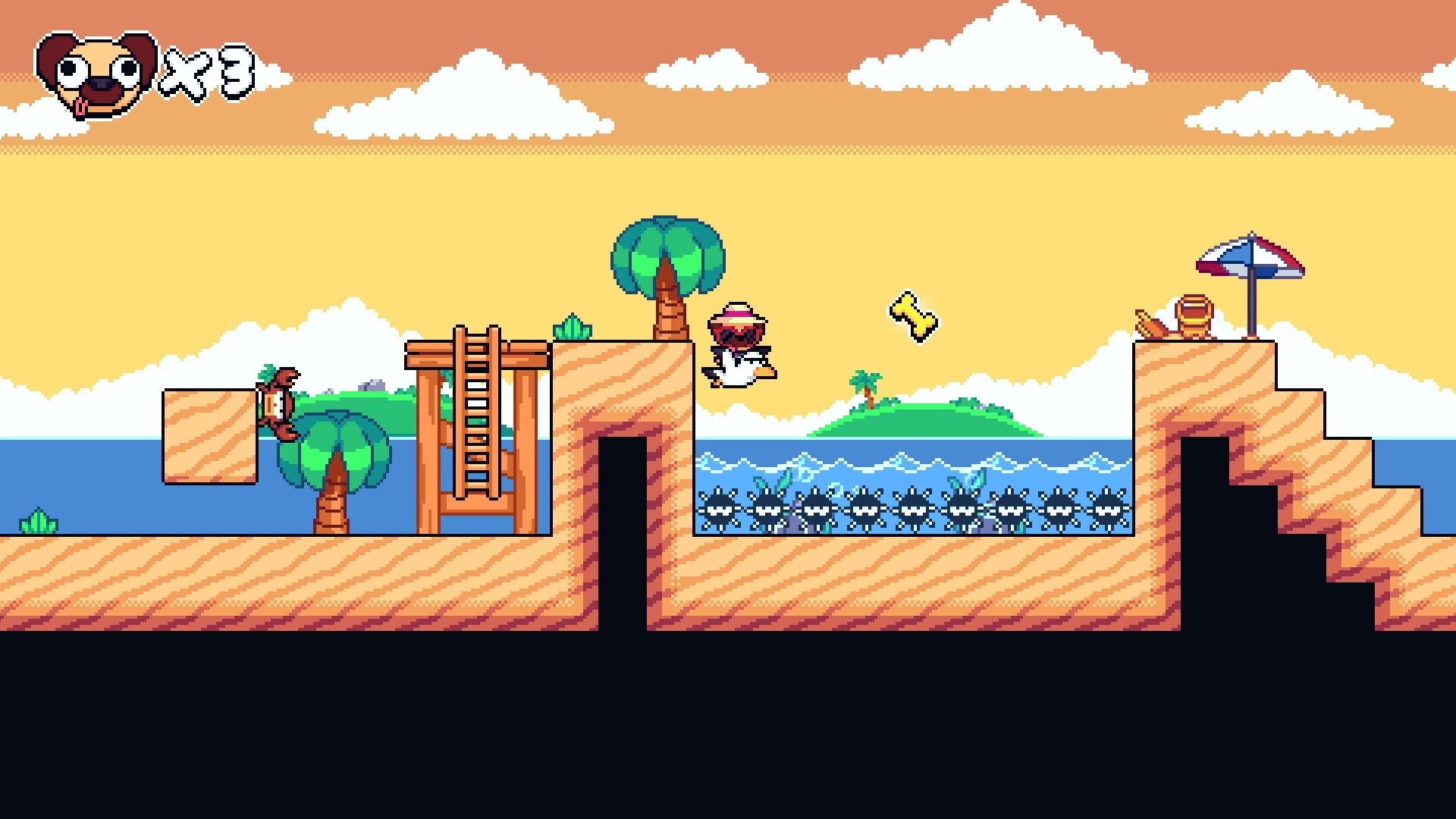 Pogui: Pug leaping over spikes towards a floating bone on a sunny beach with palm trees and ocean.