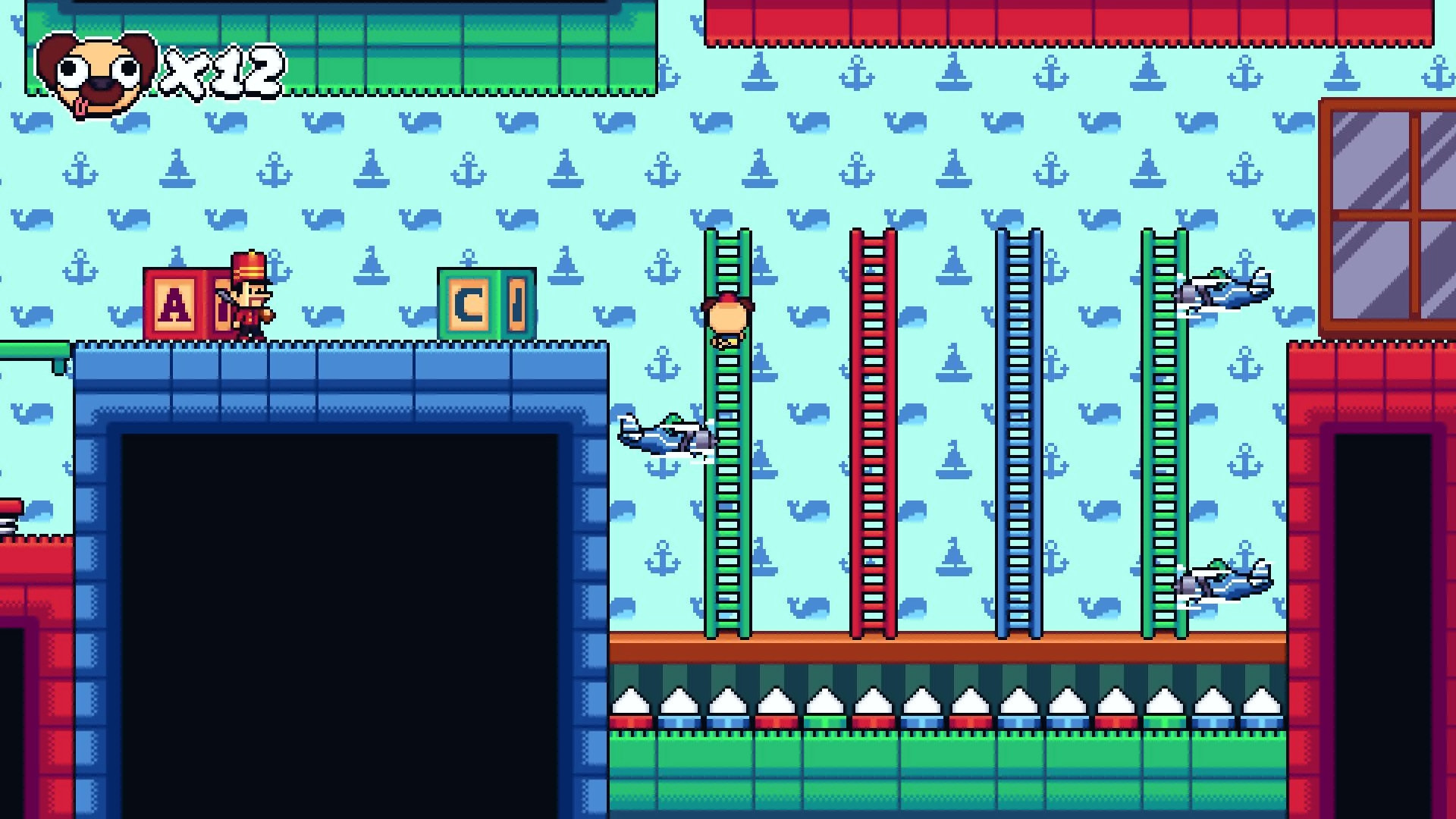 Pogui: Character climbs green ladder with toy planes in colorful nursery-themed platform level.