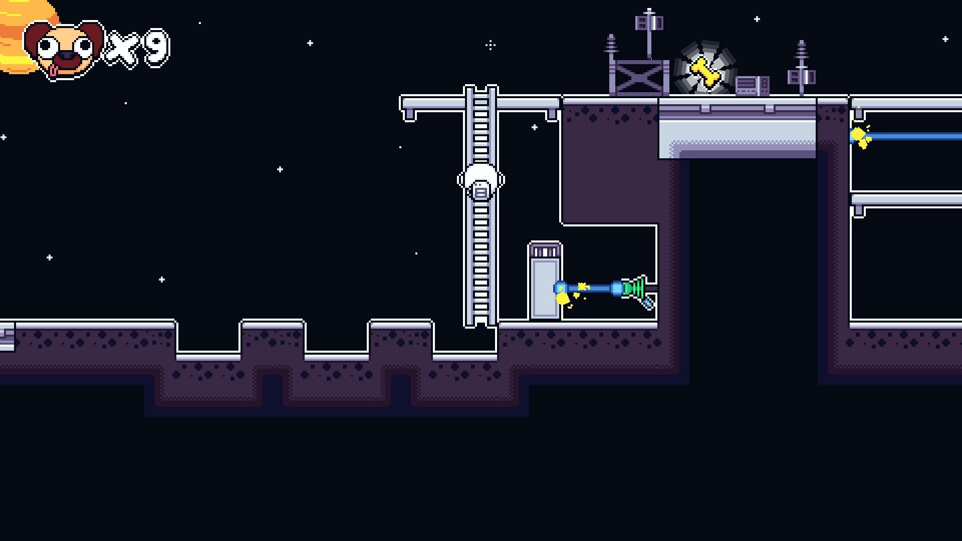 Pogui: Pug collects glowing bone in dark industrial platform level with ladder and laser obstacles