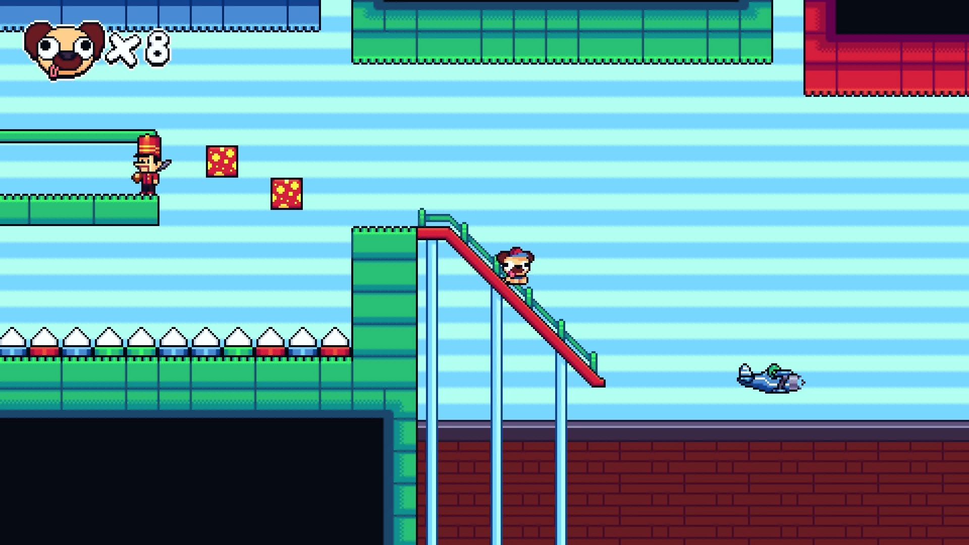 Pogui: Pogui slides down a red ramp in a striped blue world with blocks and an enemy in sight