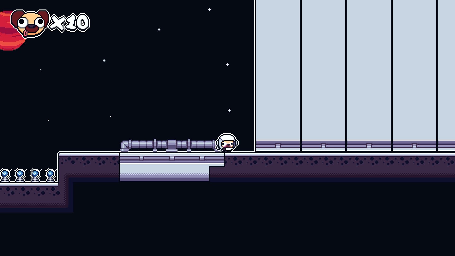 Pogui: Astronaut pug navigates space-themed platform with starry sky and enemy robots nearby