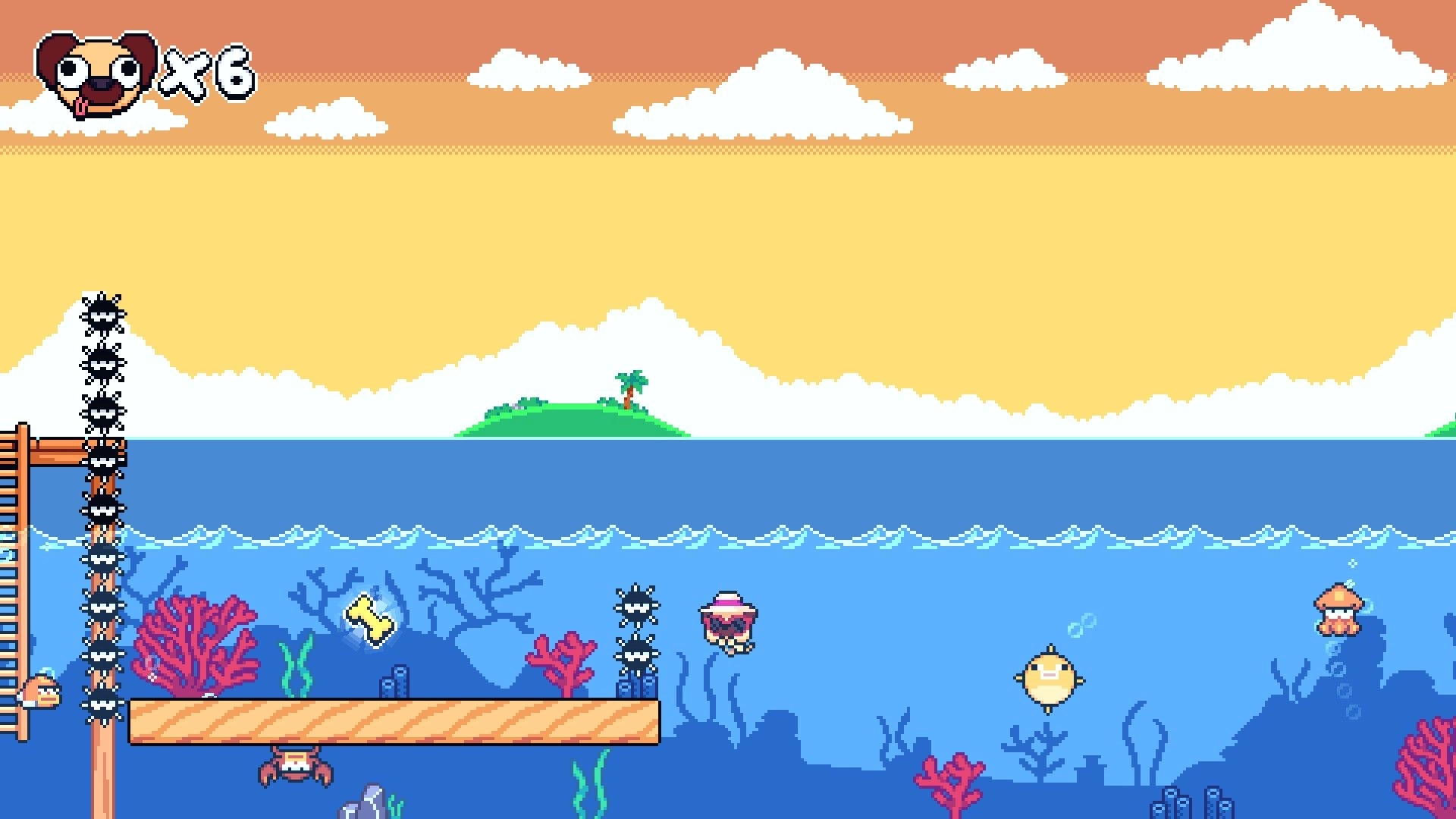Pogui: Underwater platforming with enemies, coral, and Pogui in a pink hat collecting a bone