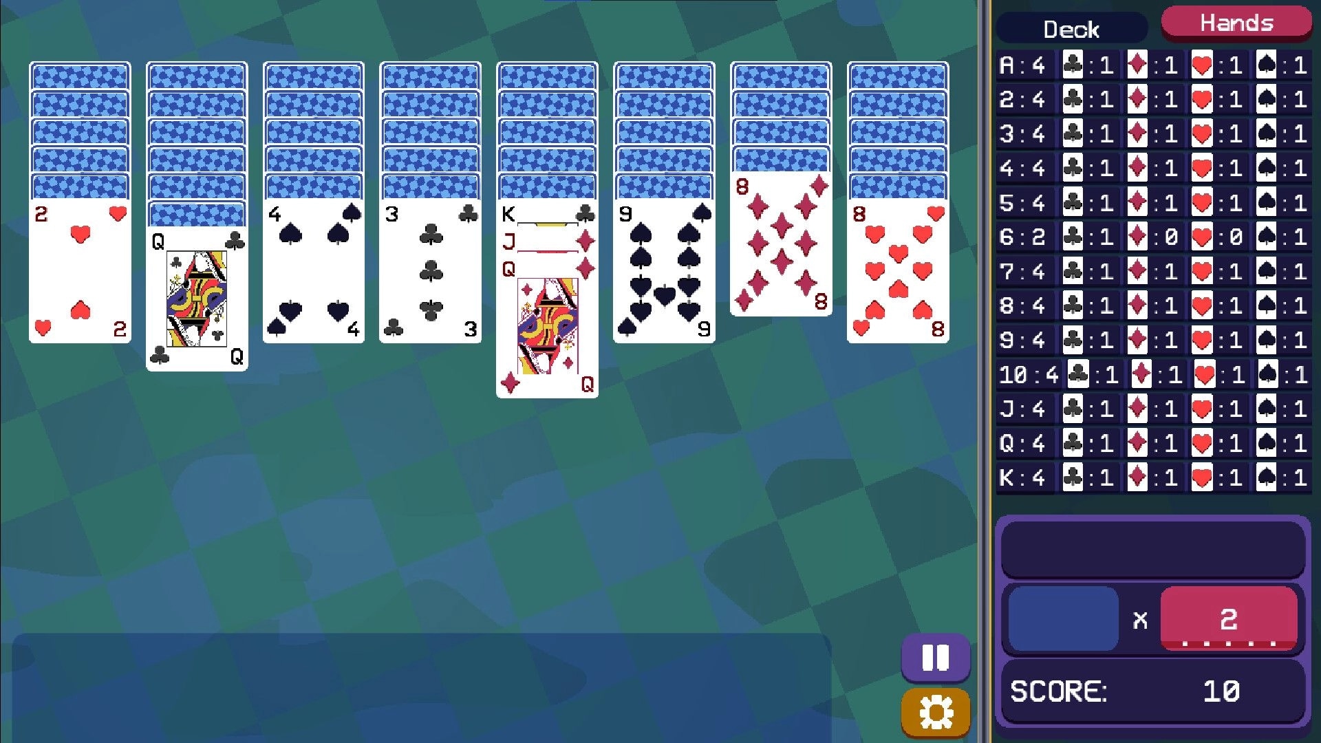 Pokitaire: Card tableau with deck and hands display, showing score and control buttons on the side.