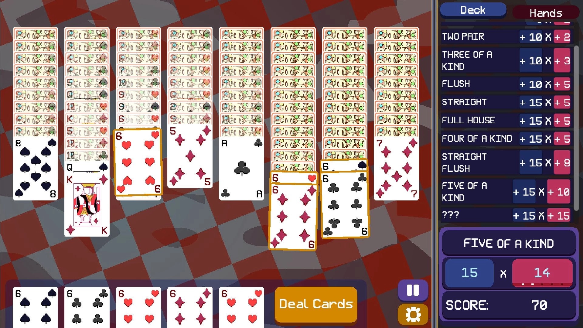 Pokitaire: Card stacking with poker hands and scoring system on checkerboard background