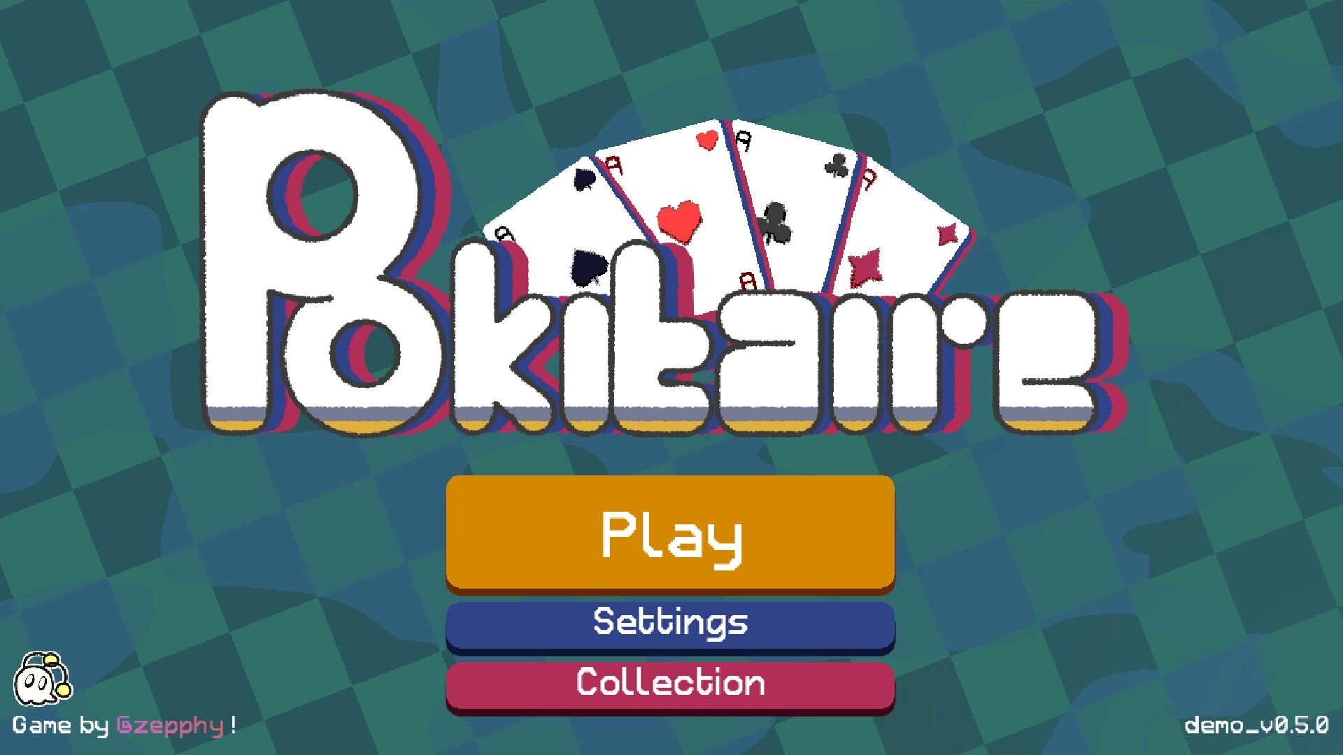 Pokitaire: Main menu with play, settings, and collection buttons on a checkered background