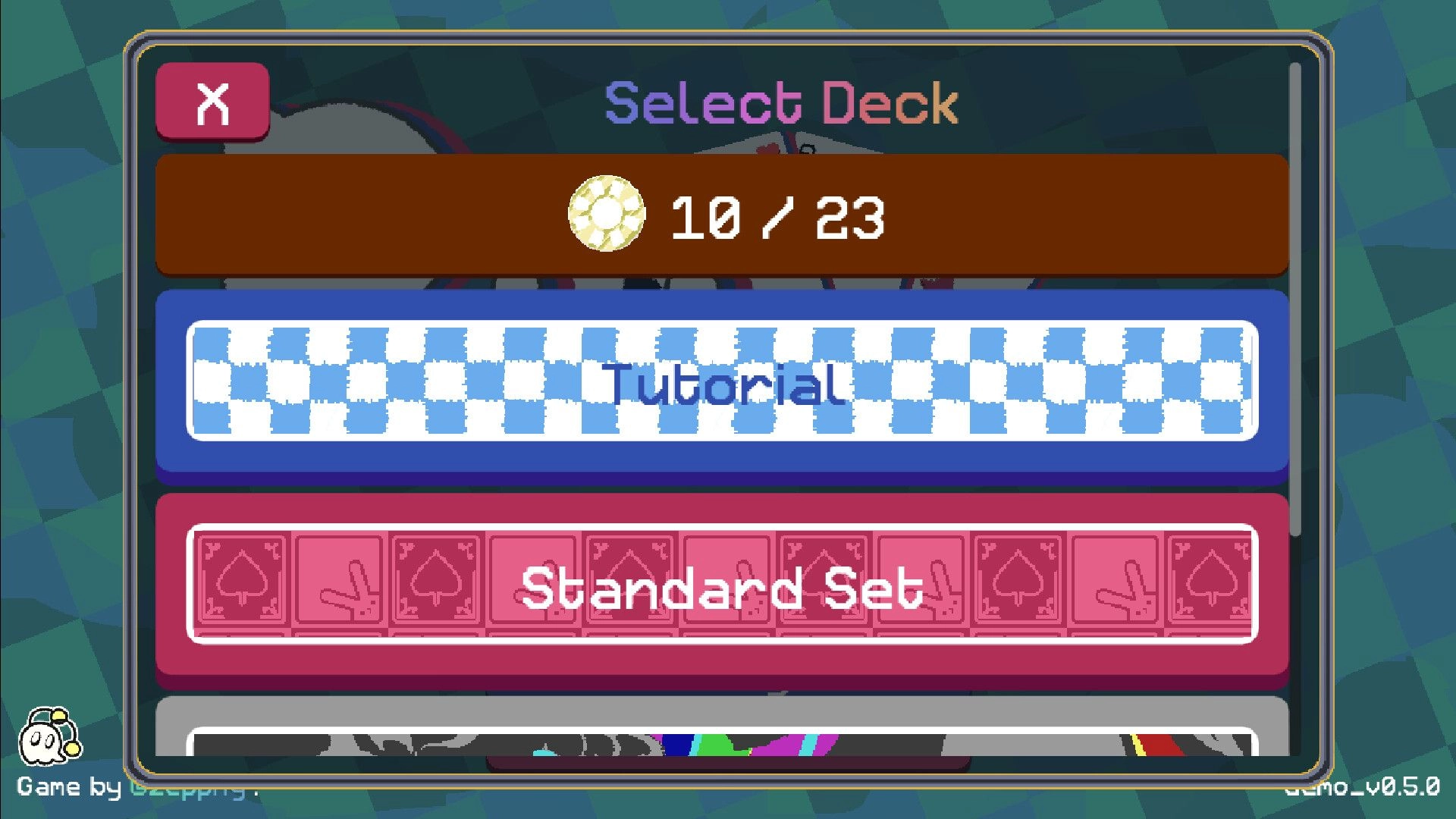 Pokitaire: Deck selection screen showing tutorial and standard set options with card icons