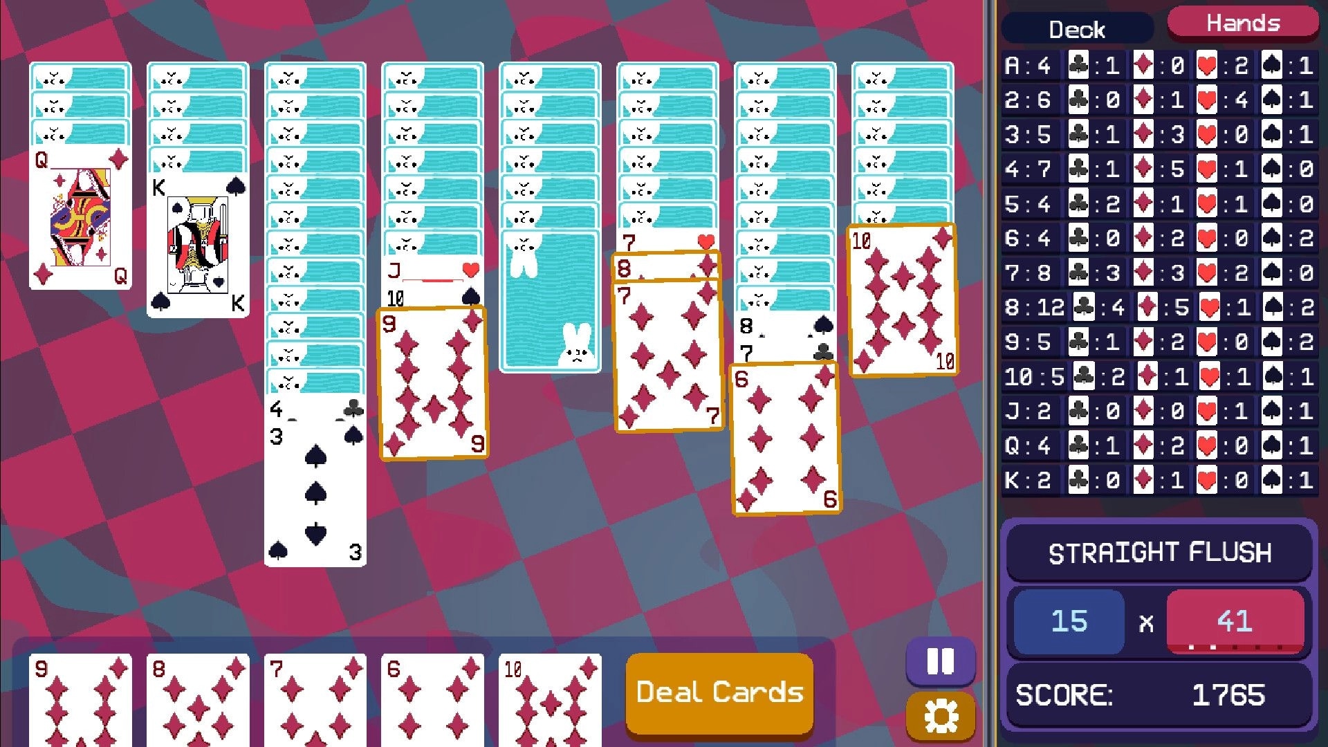 Pokitaire: Card tableau with multiple columns, right-side poker hands display, and score at the bottom.