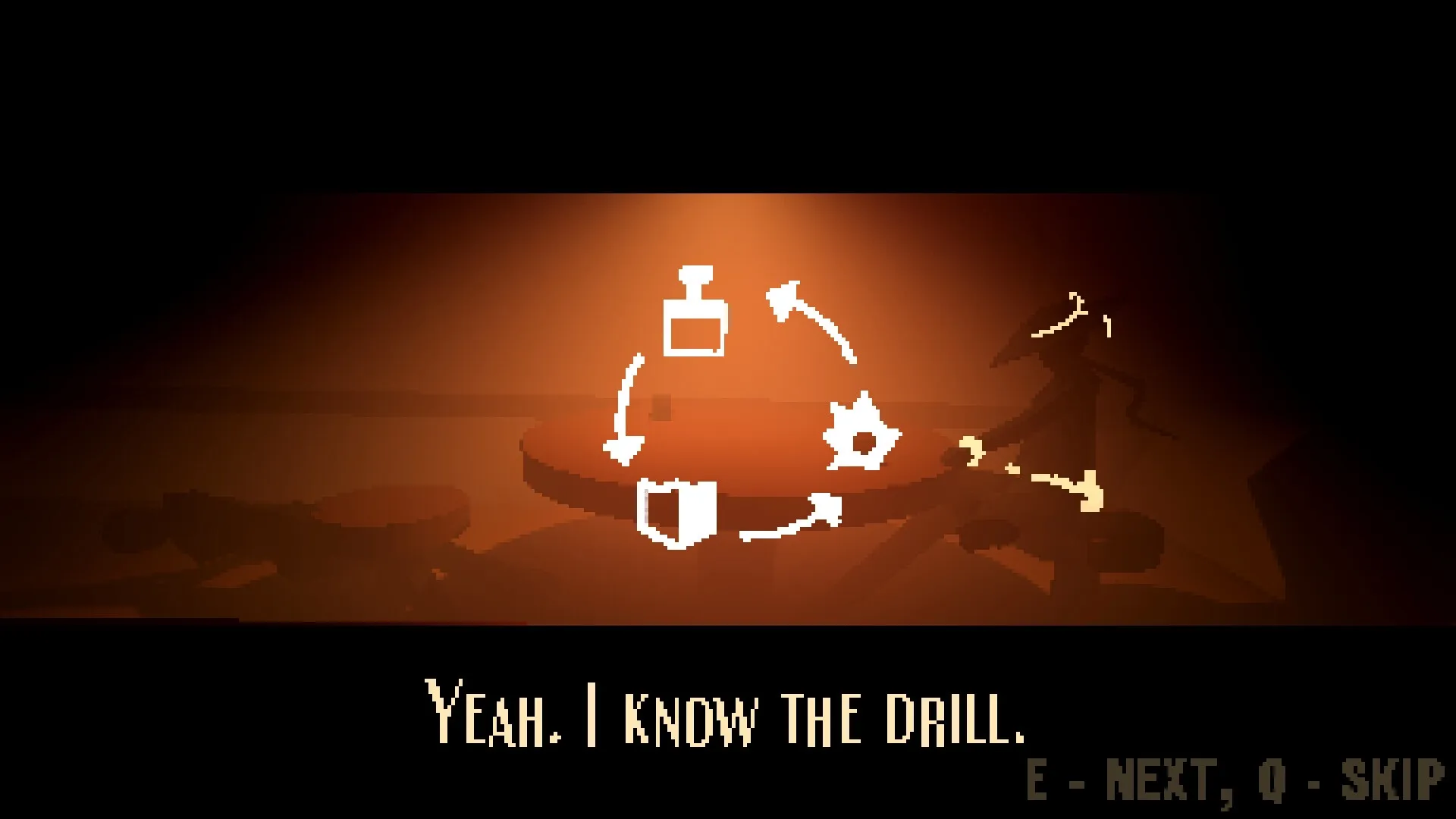 Polar Star: Dialogue scene with circular UI symbols in dimly lit room, text reads "Yeah. I know the drill."