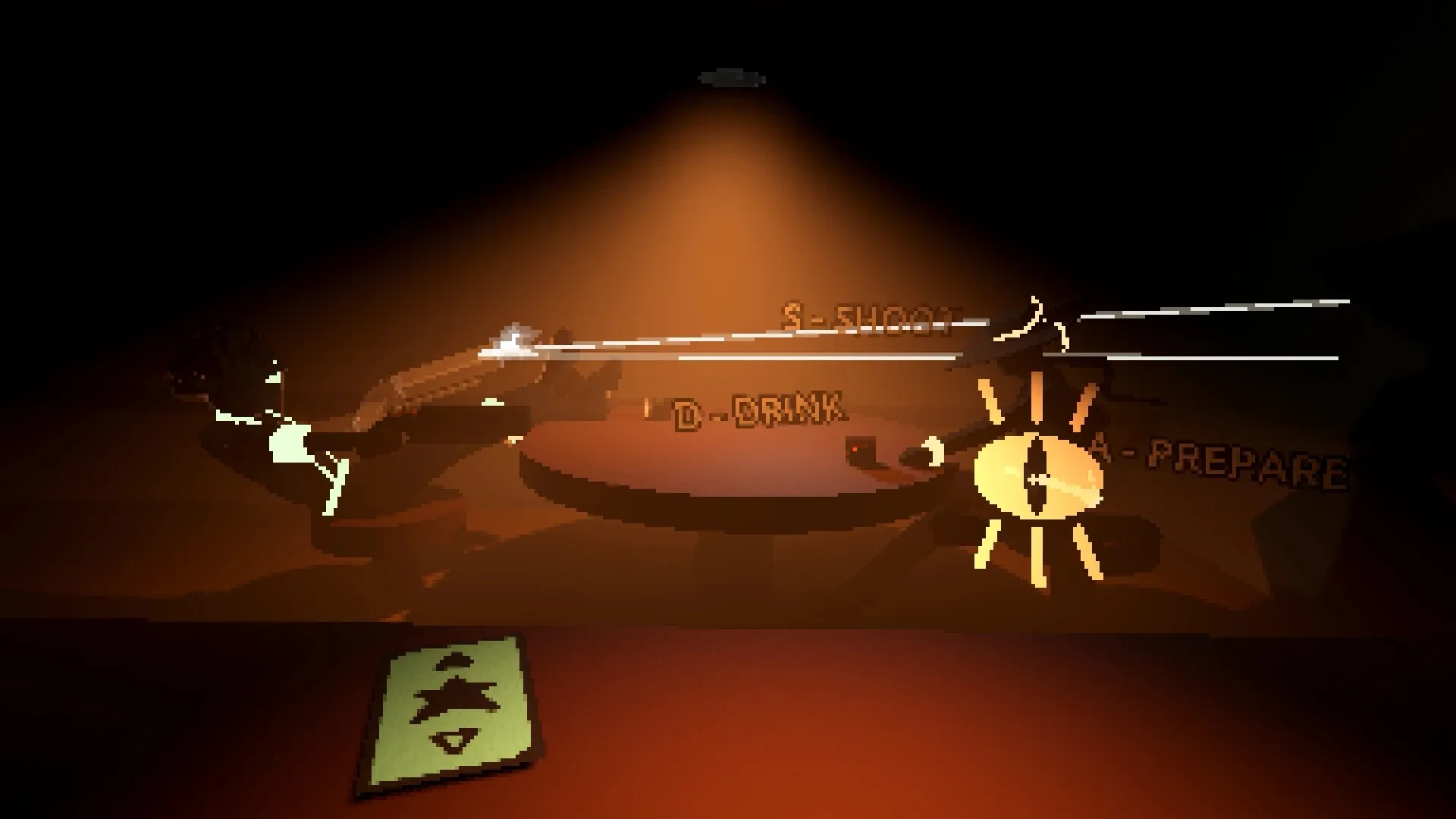 Polar Star: Duel in dimly lit room with shoot, drink, and prepare commands visible under spotlight.