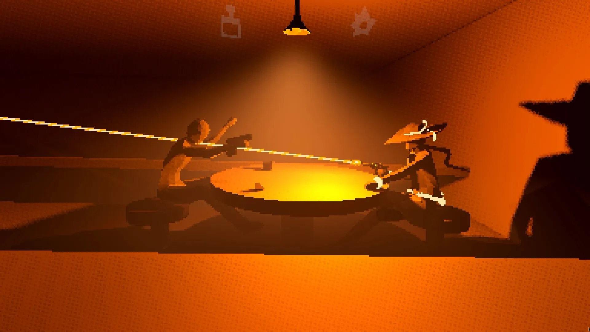 Polar Star: Intense duel between two gunslingers at a round table in a dimly lit room