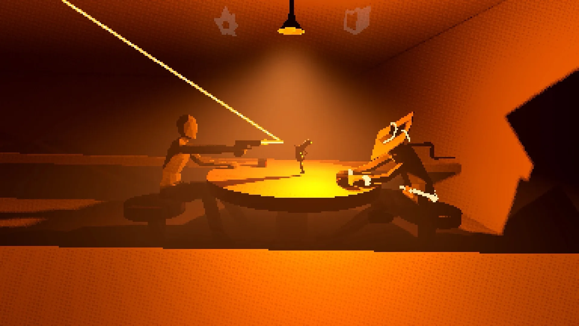 Polar Star: Duel at table with two characters aiming guns in a dimly lit, orange-toned room.