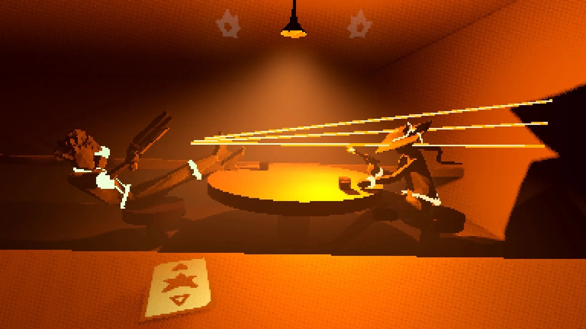 Polar Star: Intense turn-based duel in a dimly lit room with two characters shooting across a table.