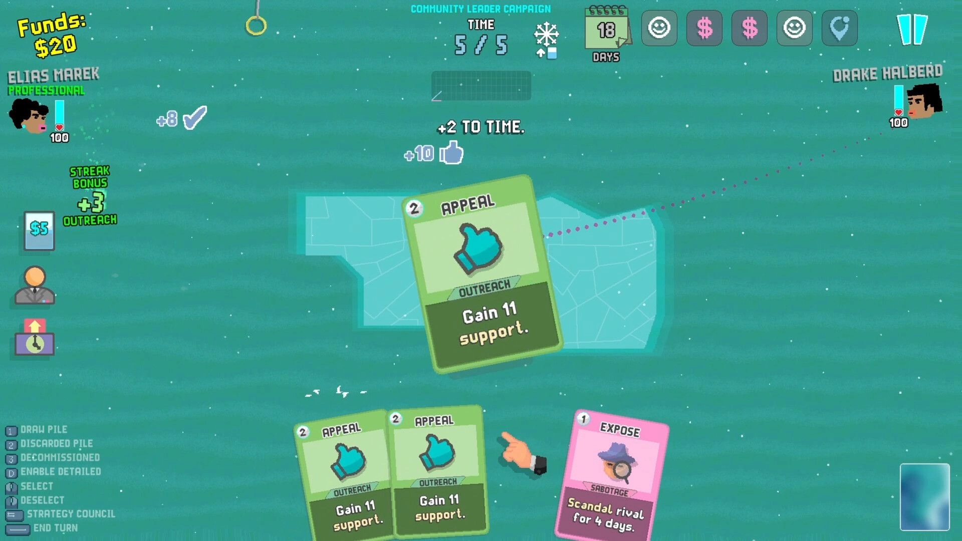 Politiks: Elias Marek uses "Appeal" card to gain support in strategic political card game interface.