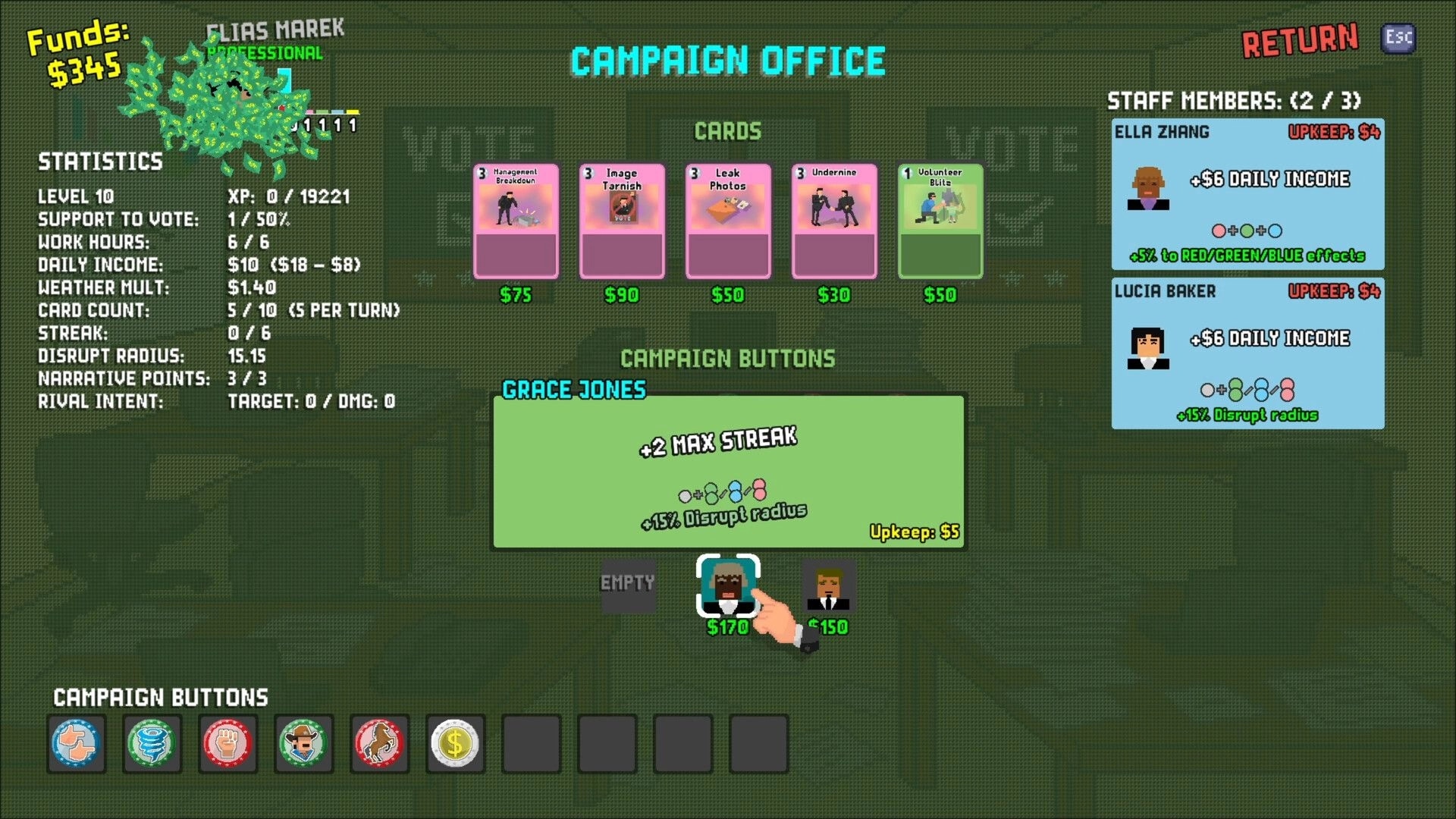 Politiks: Campaign office UI with statistics, card inventory, and hireable staff options displayed