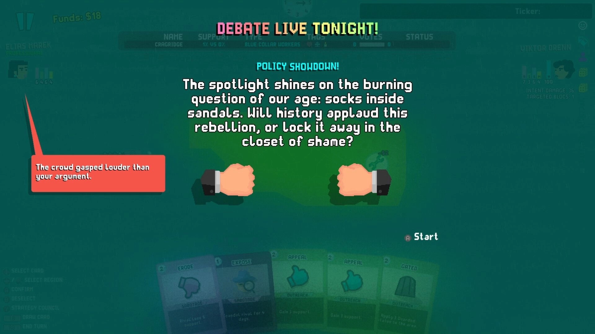 Politiks: Policy showdown debate with humorous dialogue and card options in a satirical setting.