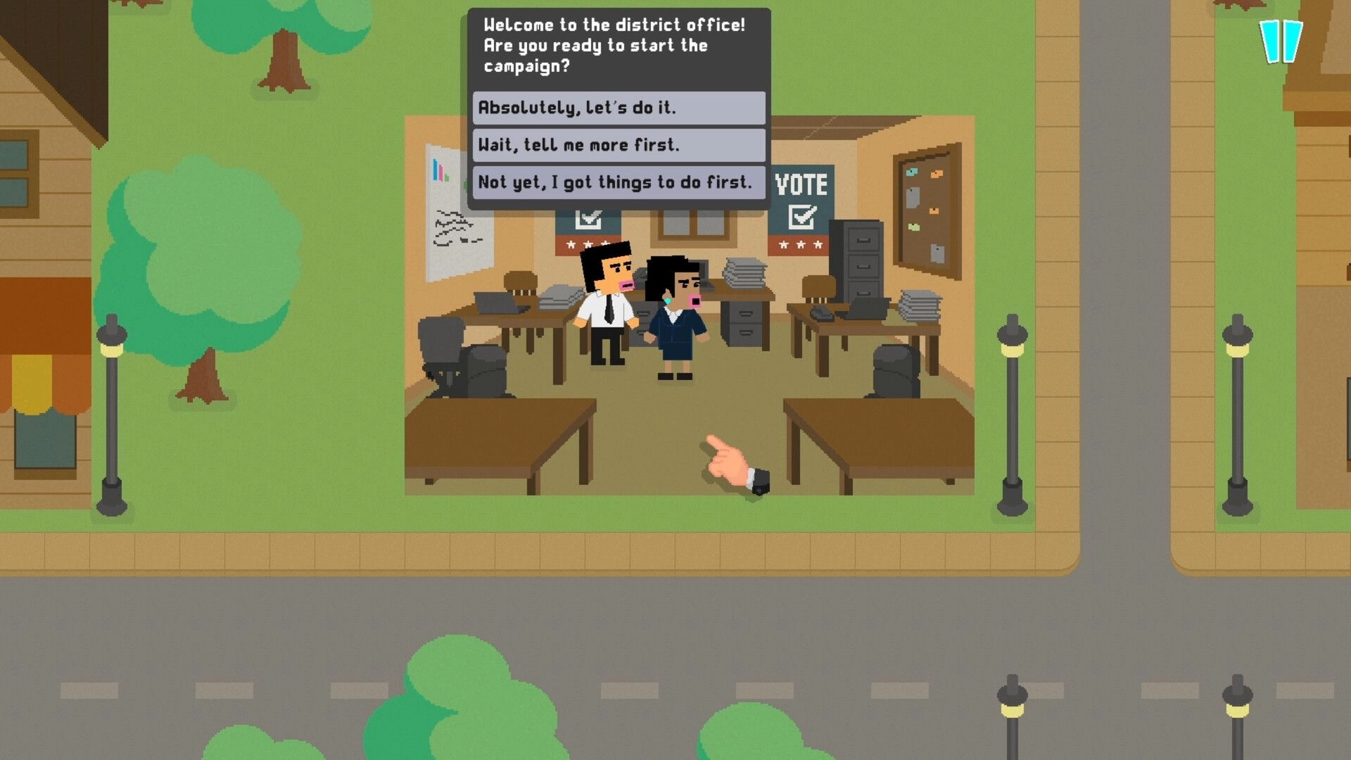 Politiks: Two characters in an office setting with dialogue options for starting a political campaign.