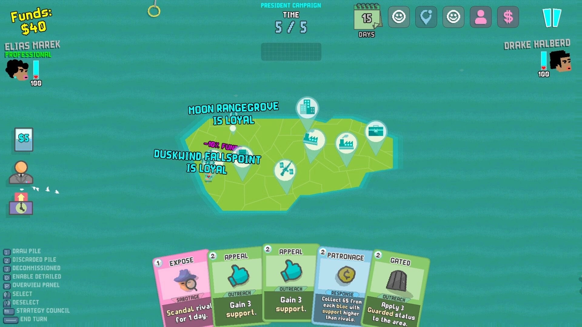 Politiks: Map overview with Elias Marek's cards and funds, showing loyal regions and rival Drake Halberd