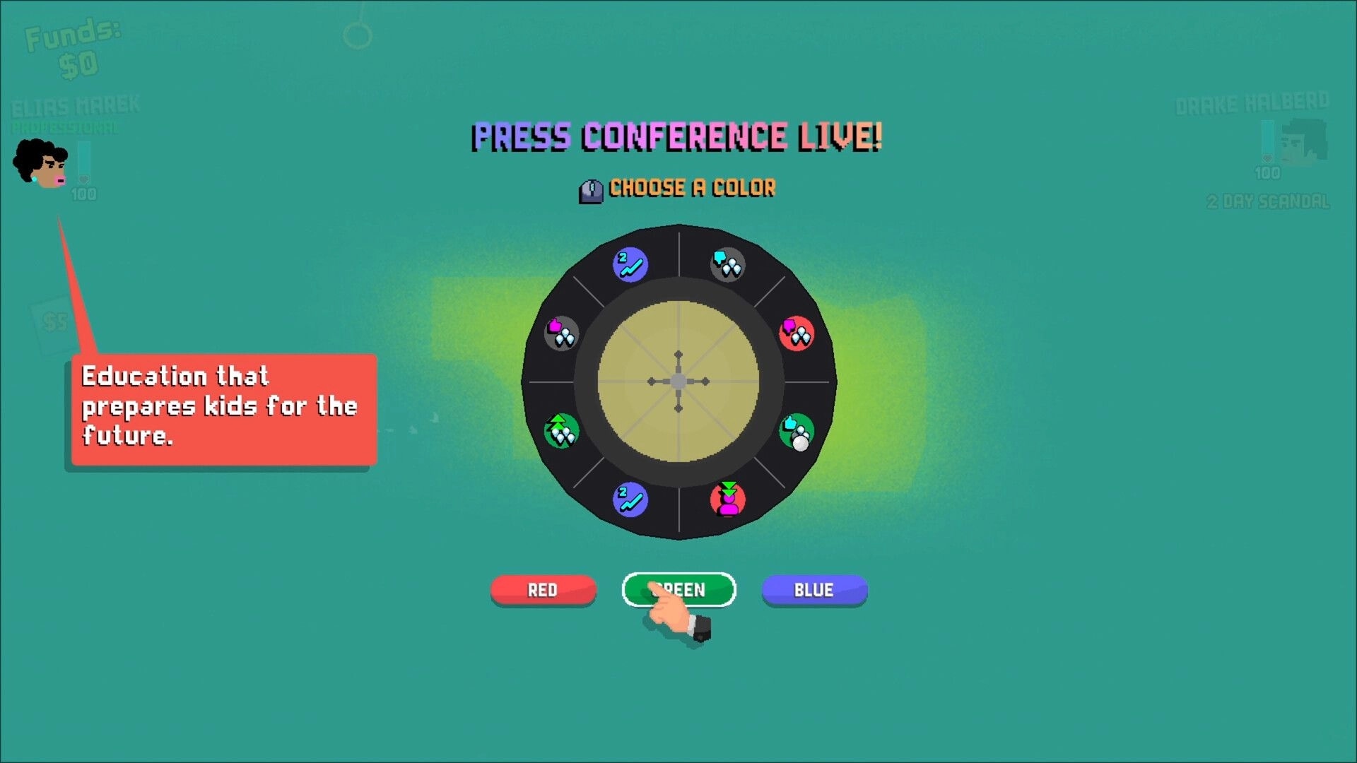 Politiks: Spinner wheel at press conference with color choice options in a political setting