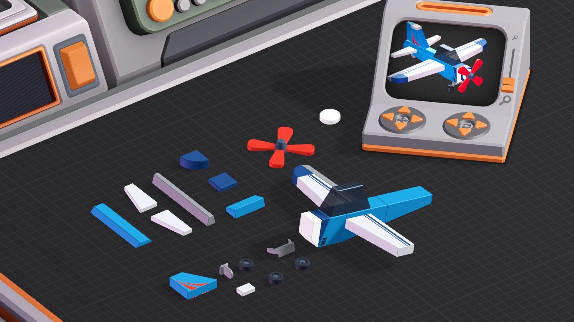 Poly Bricks: Assembling a blue propeller plane from loose bricks on a dark grid workbench UI.