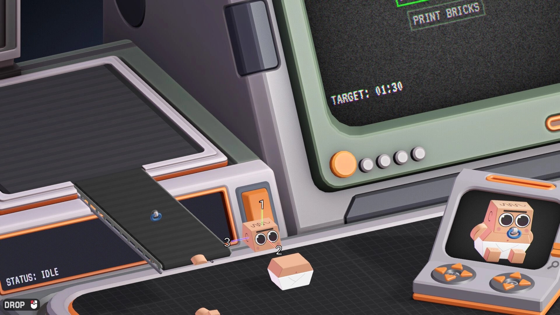 Poly Bricks: Assembling a blocky baby on conveyor with numbered parts in a factory-style UI lab.