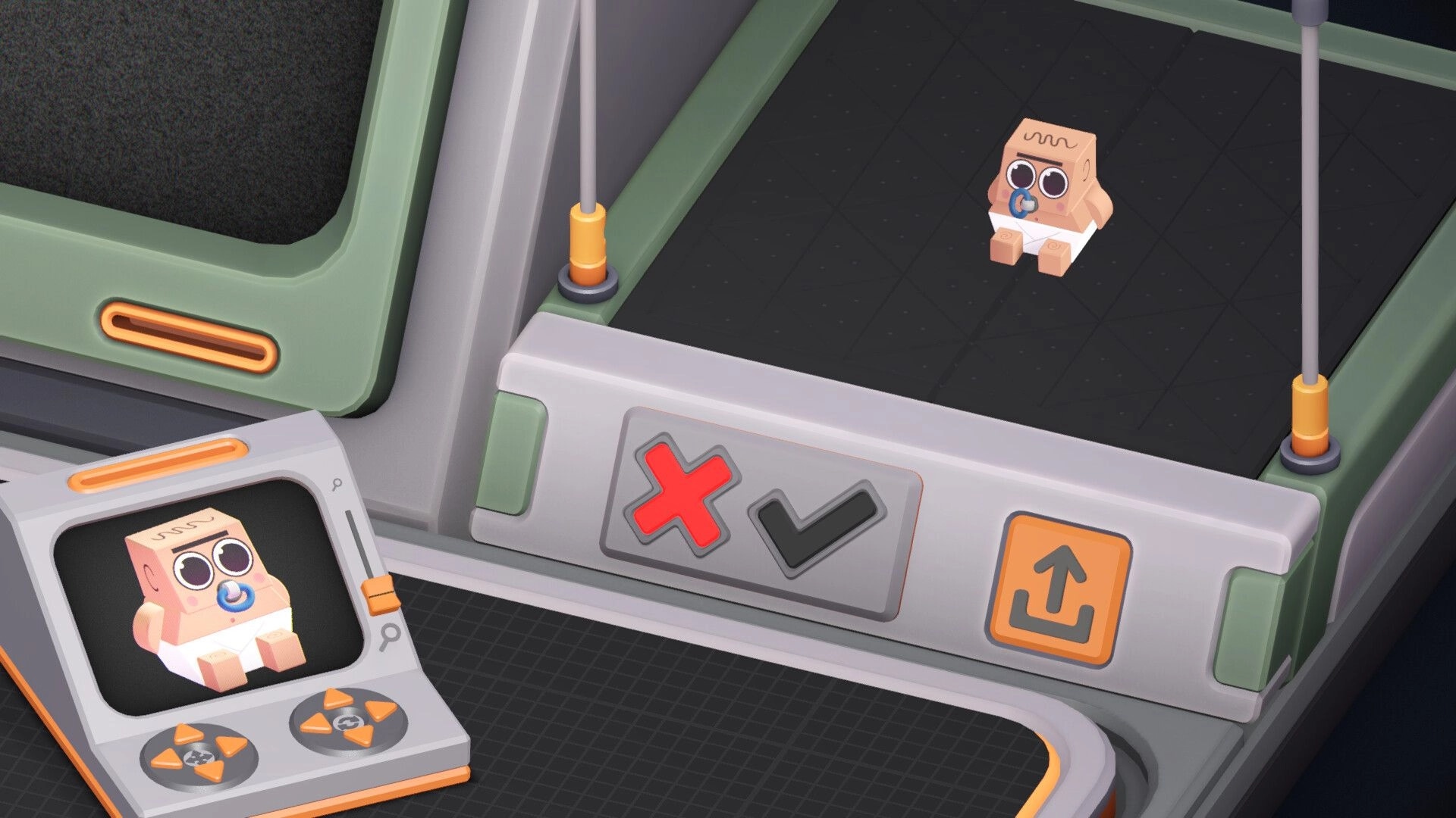 Poly Bricks: Blocky baby brick piece with X and check buttons on a futuristic build platform UI.