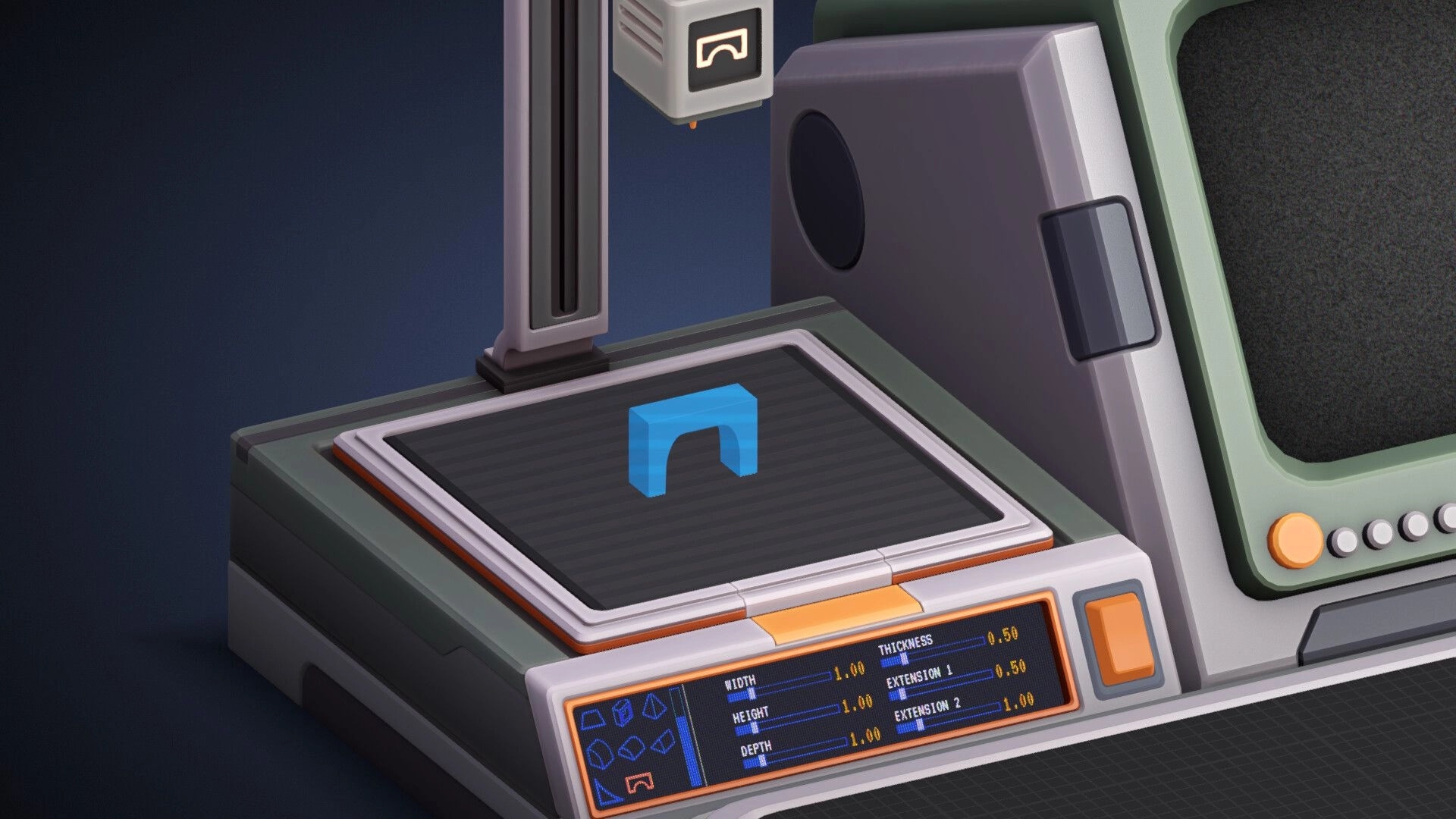 Poly Bricks: Blue arch brick on 3D printer bed with size sliders and shape icons in lab UI.