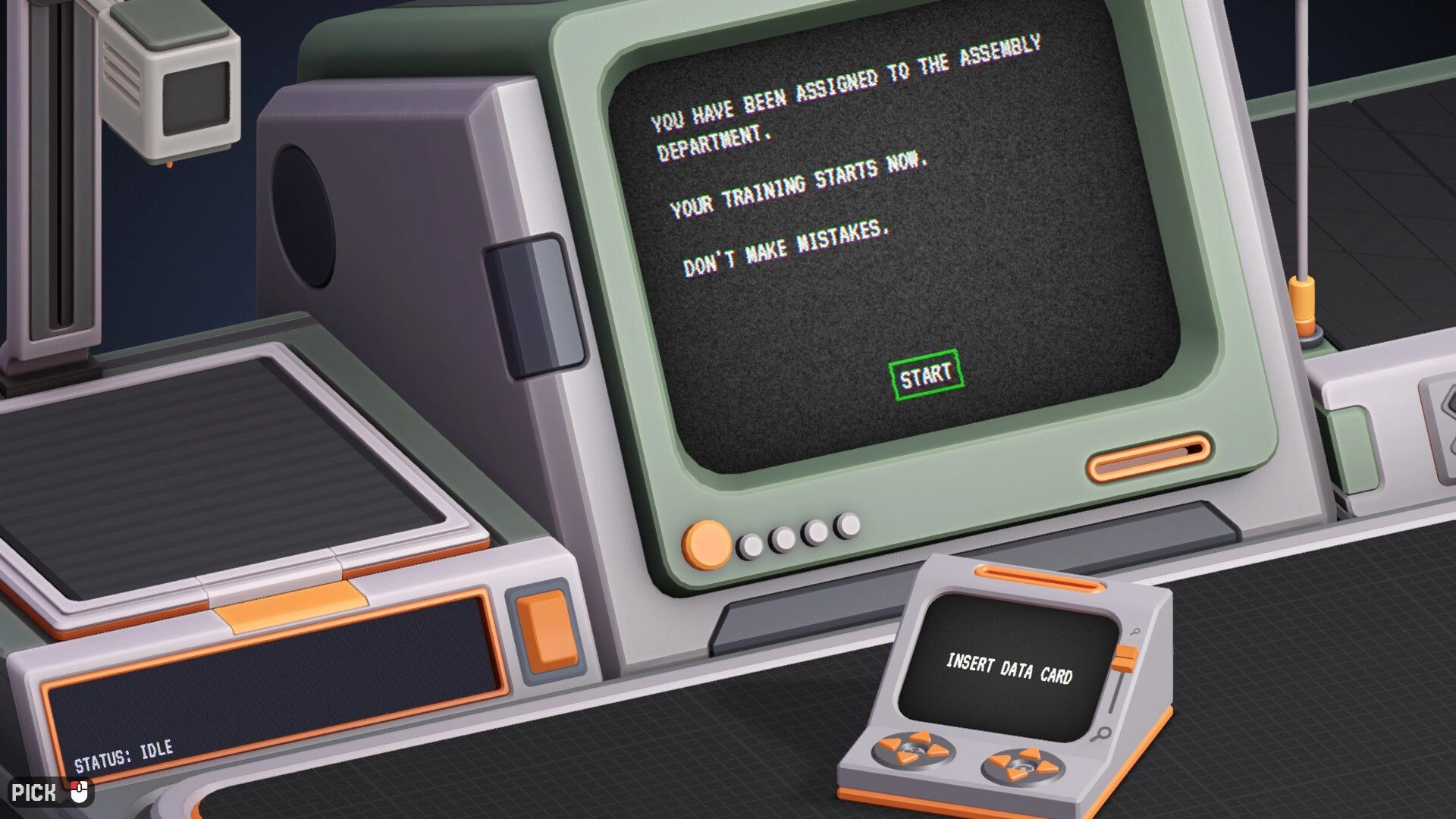 Poly Bricks: Training prompt with green Start button on CRT monitor in a retro assembly workstation.