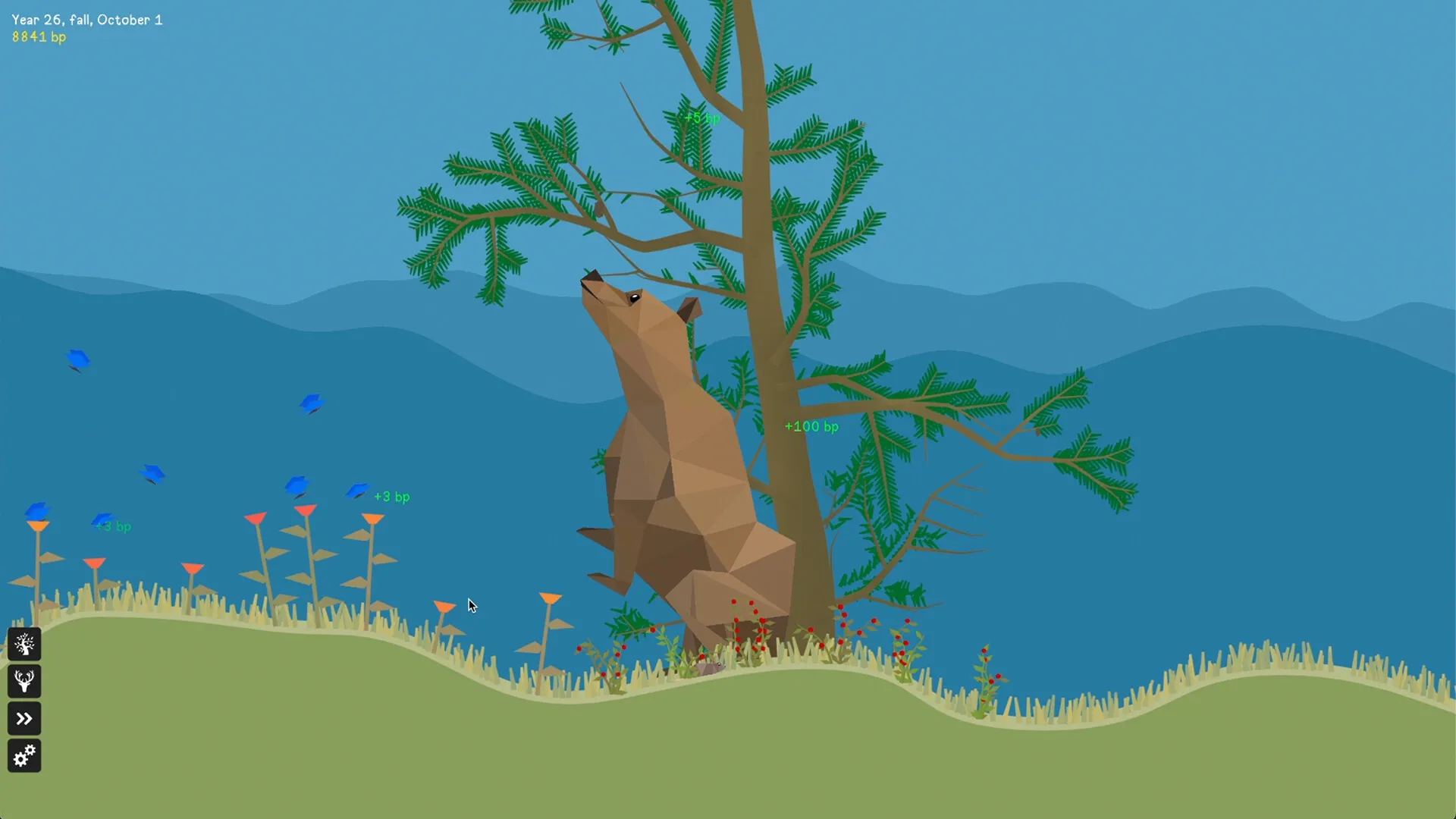 PolyPine: Brown animal twerking near a tree with UI buttons on left, blue sky and hills in background