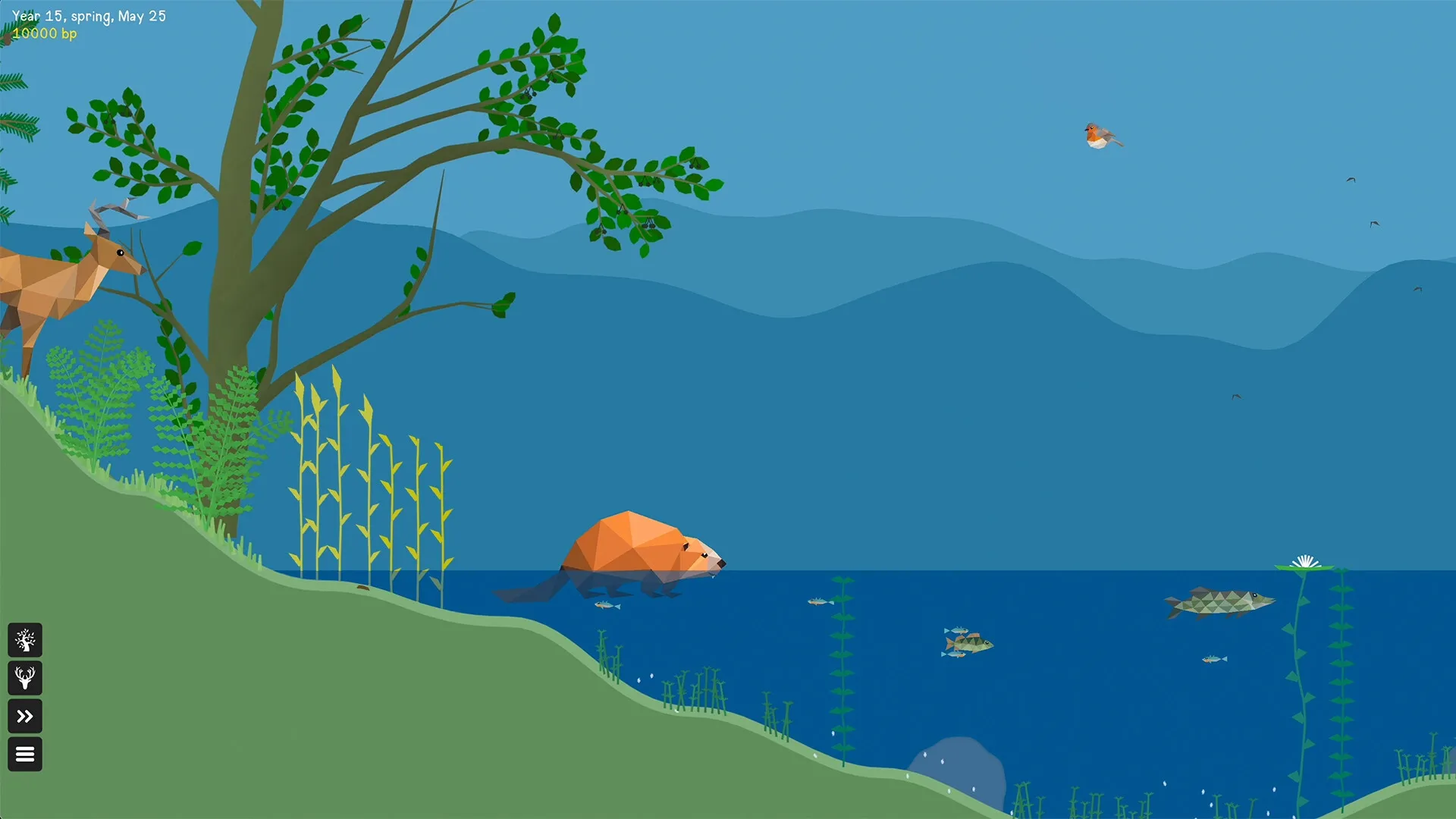 PolyPine: Deer and beaver by lake, fish swimming; UI buttons on left, lush forest backdrop