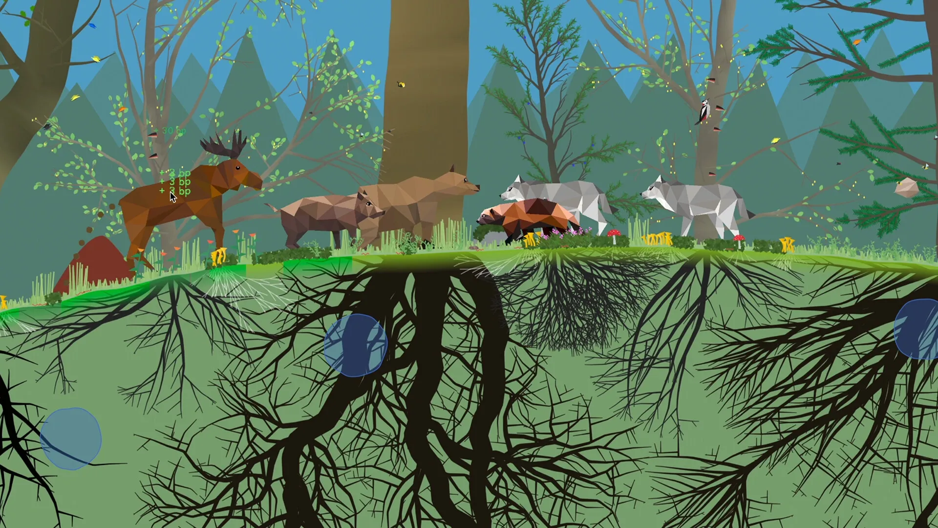 PolyPine: Animals roam a lush forest with visible tree roots underground and interaction indicators.