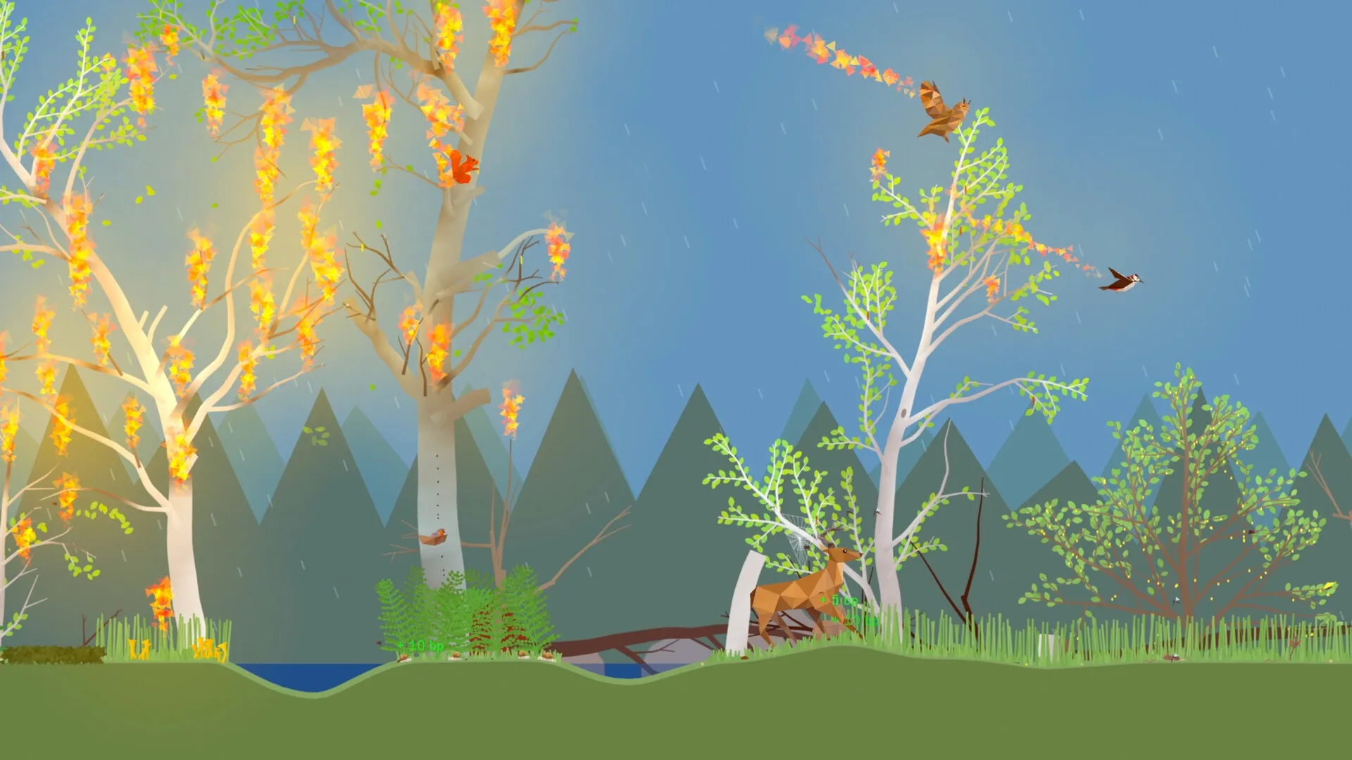PolyPine: Birds and deer amidst burning trees in a vibrant forest environment with rain falling