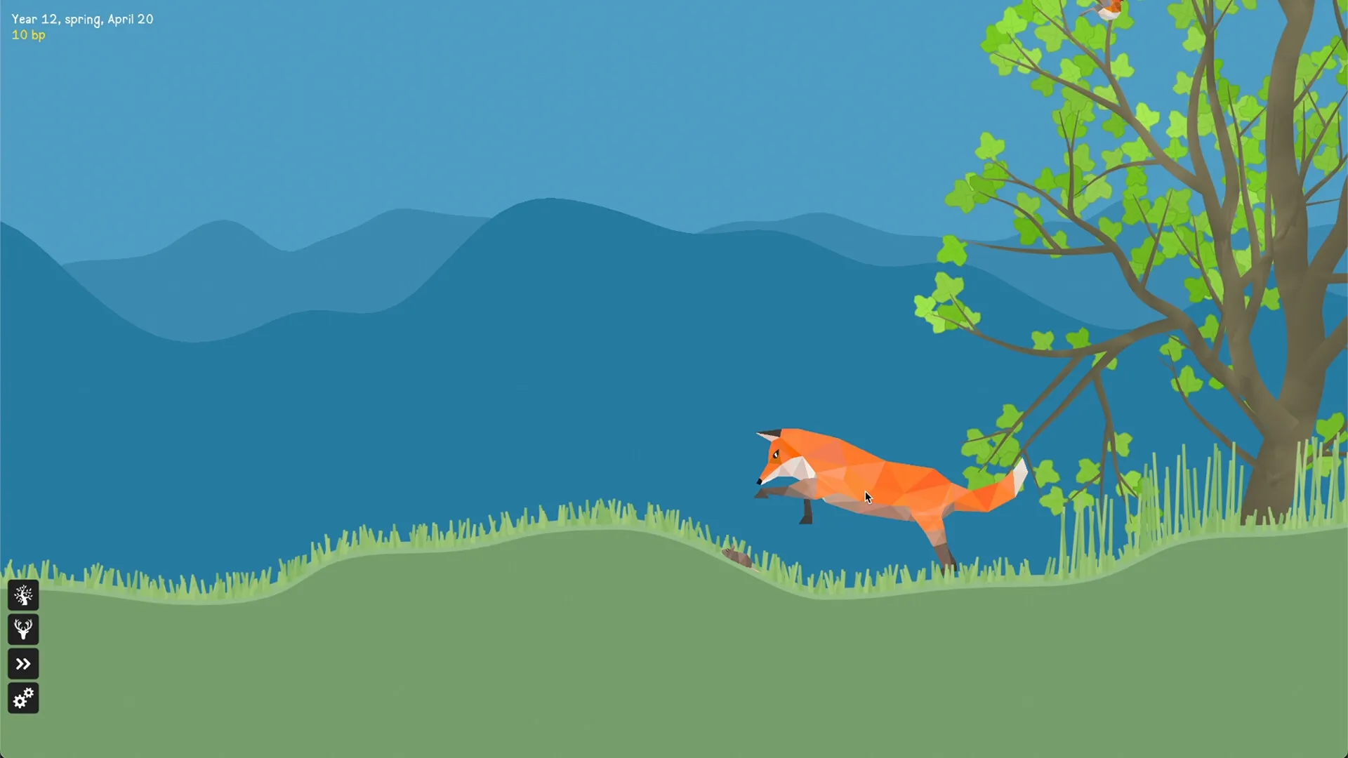 PolyPine: Low-poly fox running on grassy hill beside tree, with action menu icons in forest simulator.