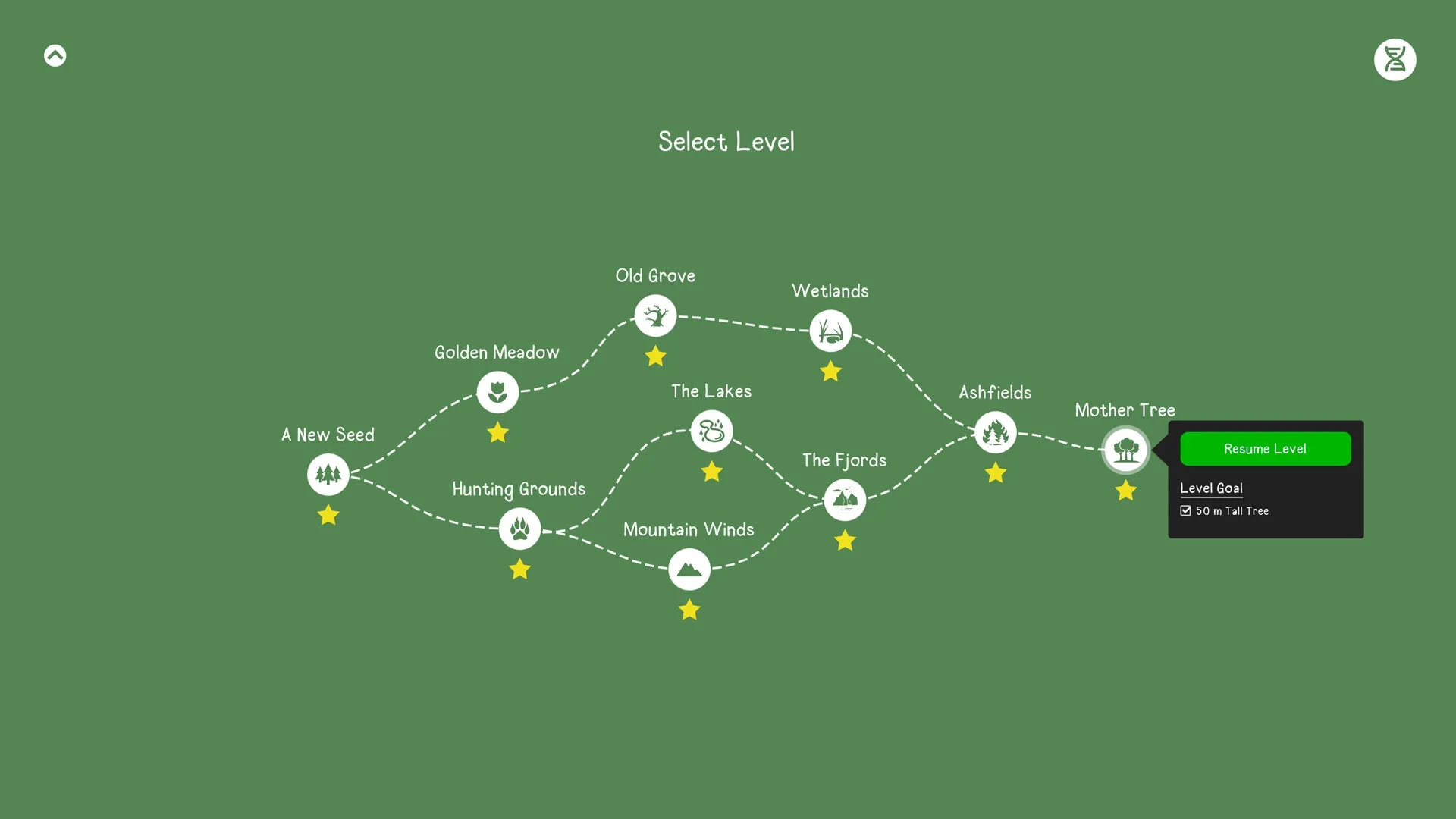 PolyPine: Level selection map with paths and icons, highlighting "Mother Tree" with resume option.